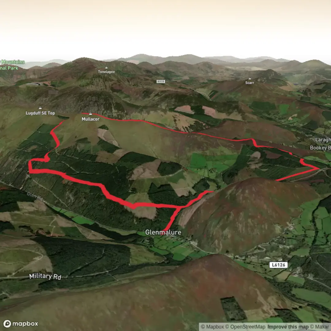 An image depicting the trail Coolalingo - Mullacor and Cullentragh Mountain Loop and its surrounding area.
