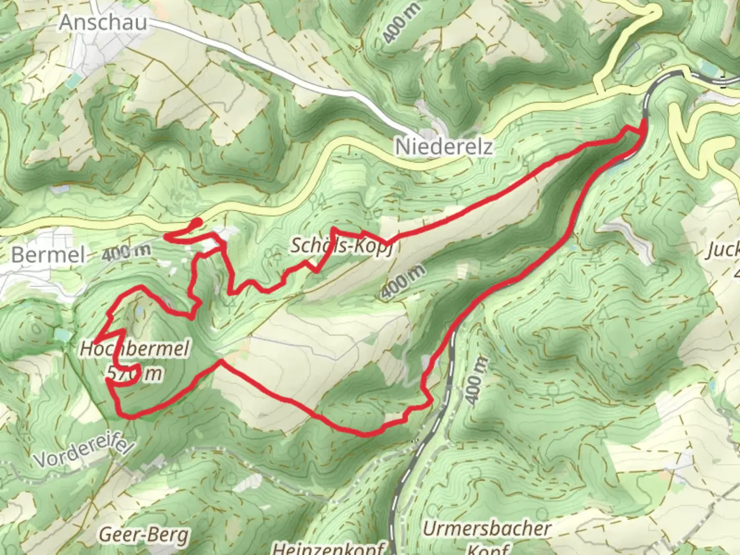 An image depicting the trail Hochbermeler and Eifel Camino Loop and its surrounding area.