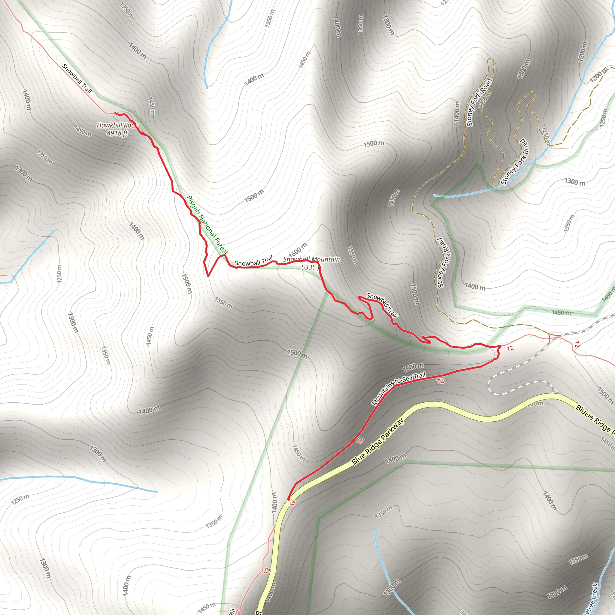 Hawkbill Rock and Snowball Mountain via Mountains-to-Sea Trail - South mobile static map