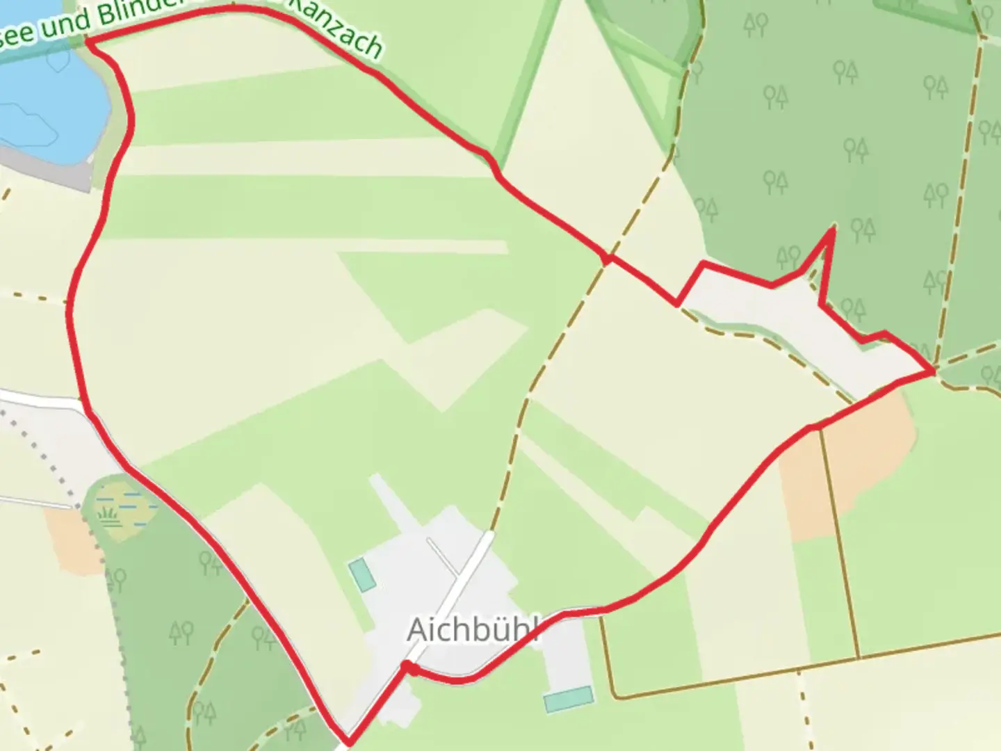 An image depicting the trail Riedwiesen and Aichbuehl Loop and its surrounding area.