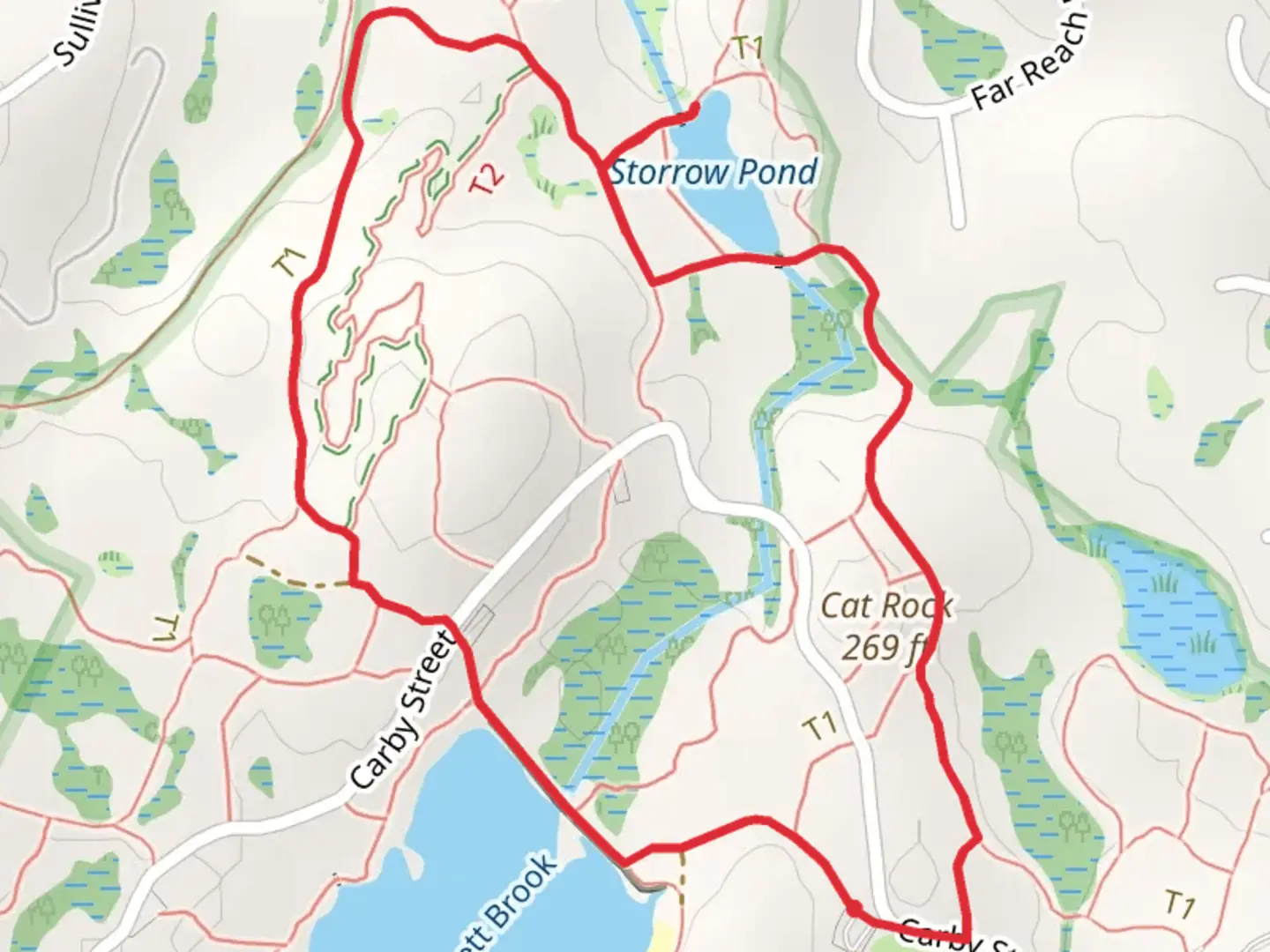An image depicting the trail Storrow Pond and Powissett Brook and Cat Rock Loop and its surrounding area.
