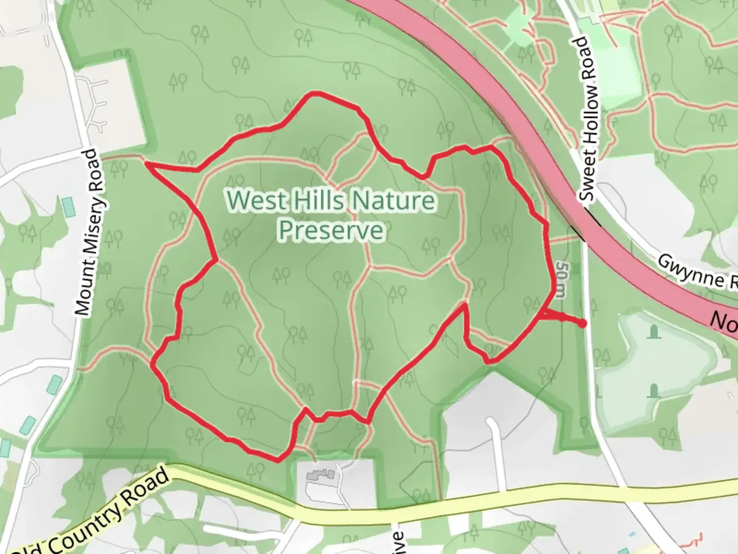 An image depicting the trail Sweet Hollow Loop and its surrounding area.