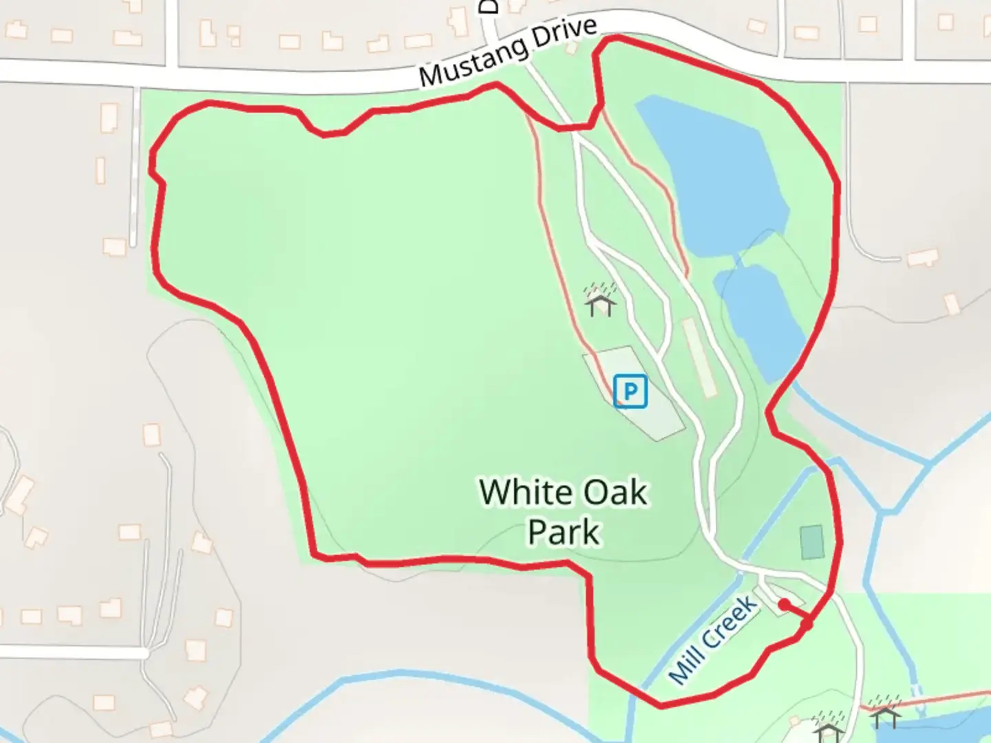 An image depicting the trail White Oak Park Loop and its surrounding area.