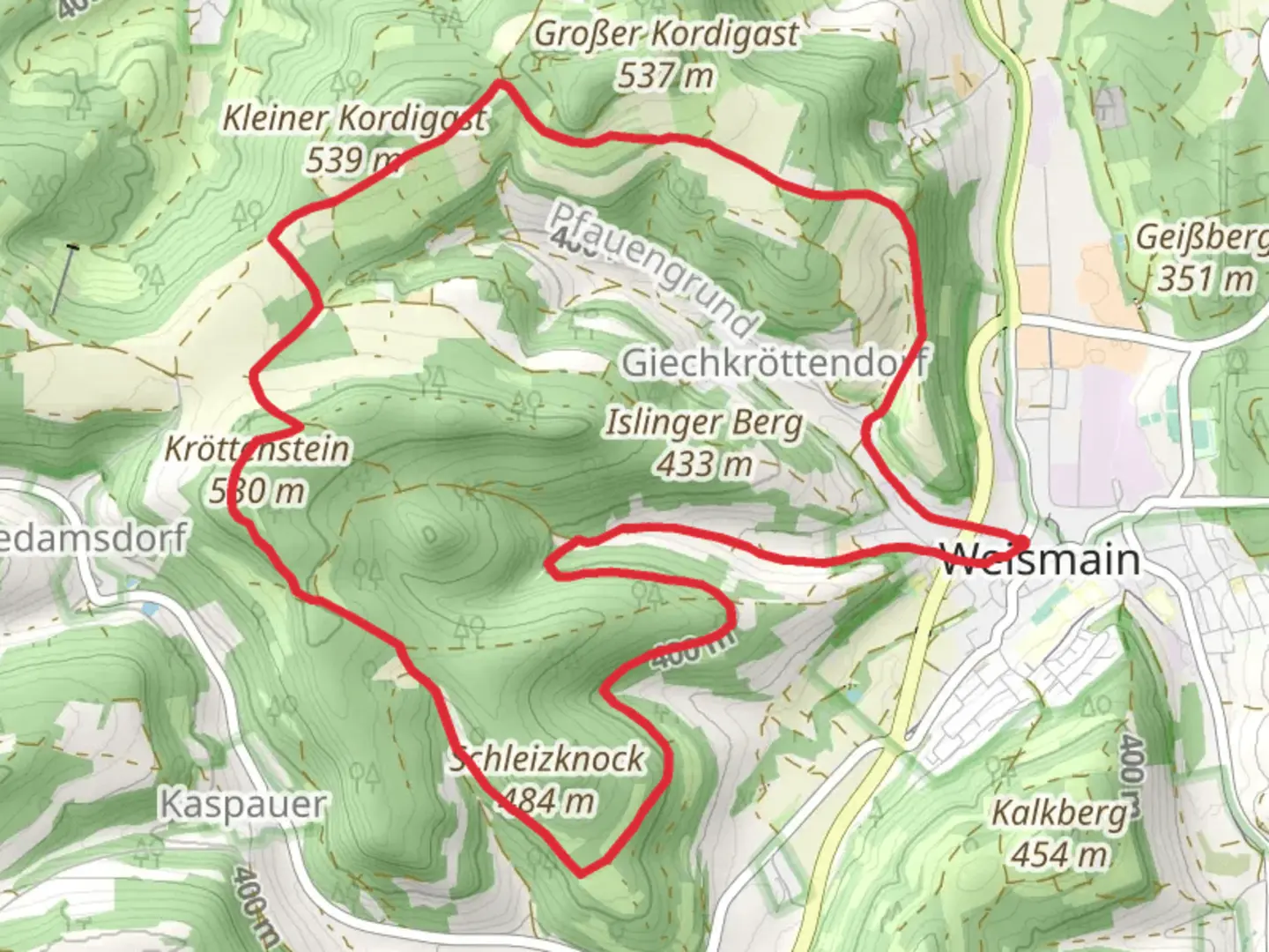 An image depicting the trail Schleizknock-Kordigast- Berglauf and its surrounding area.