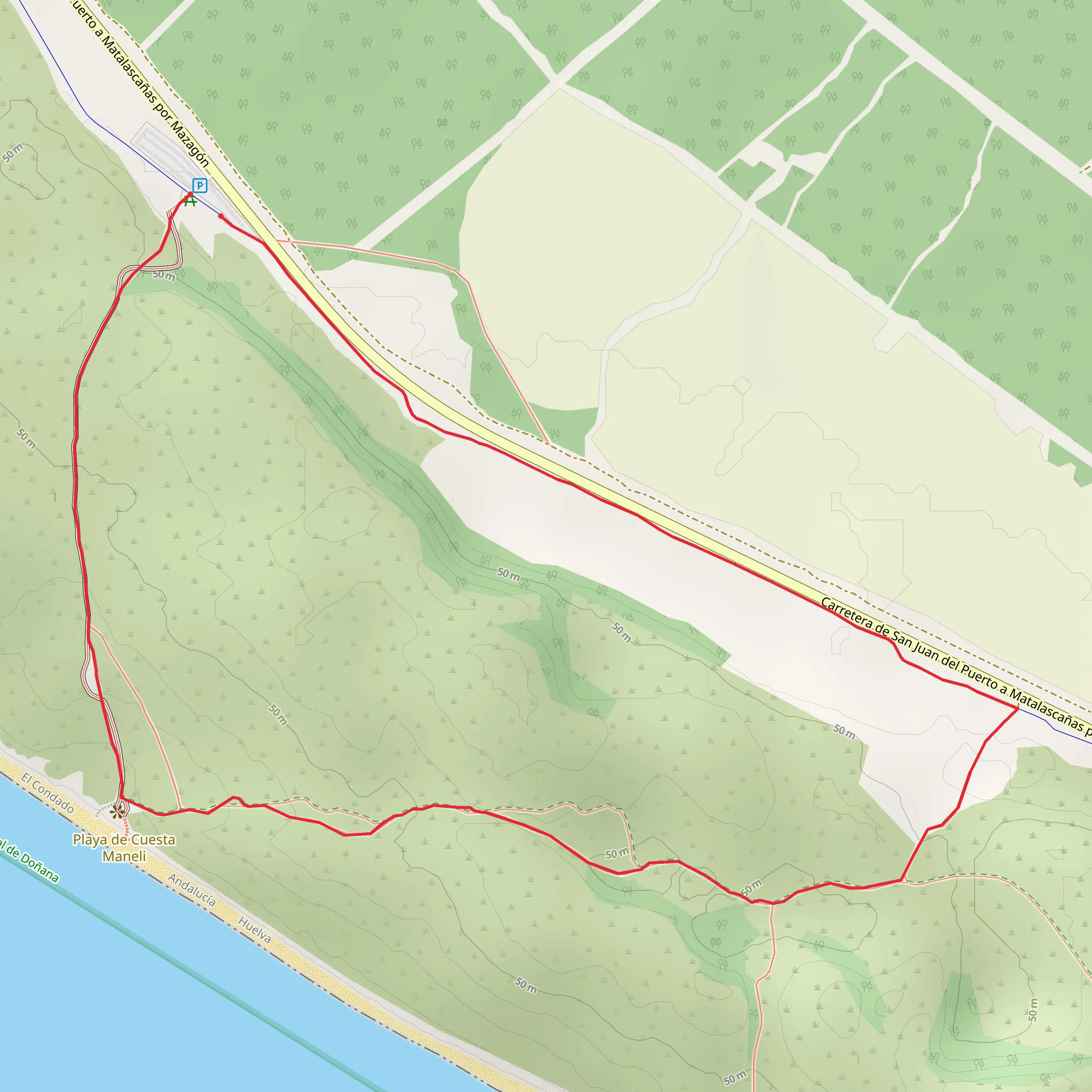 Playa de Cuesta Maneli – circular por el Parque Natural Doñana mobile static map