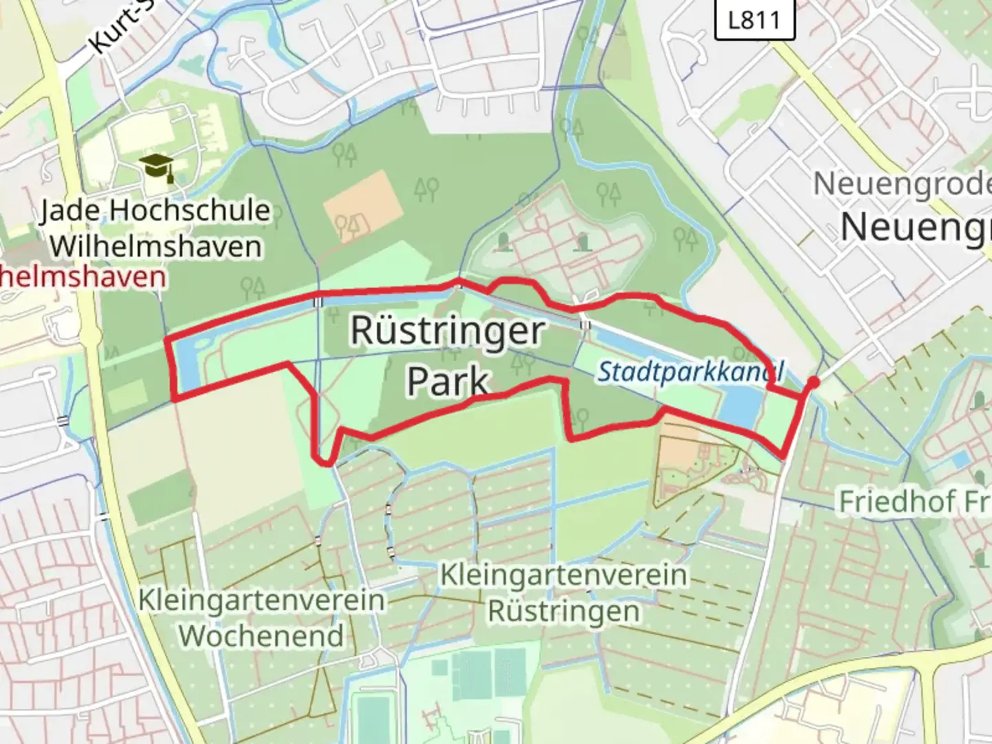 An image depicting the trail Stadtpark kanal and Rüstringer Park Loop and its surrounding area.
