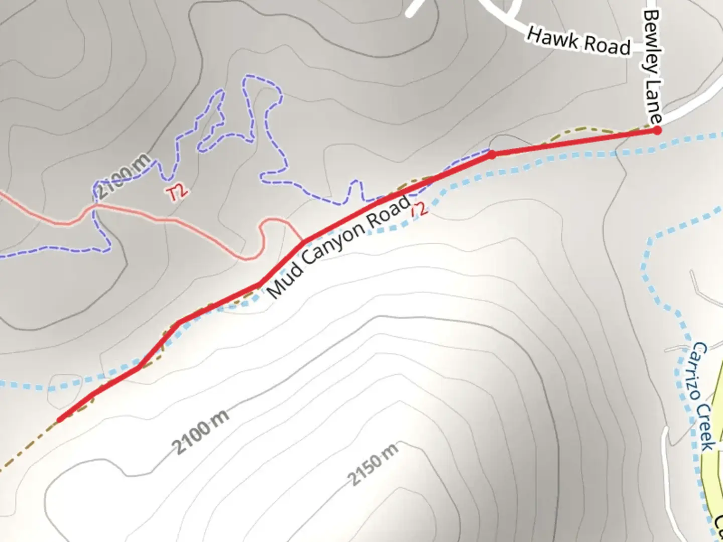 An image depicting the trail Mud Canyon Road and its surrounding area.