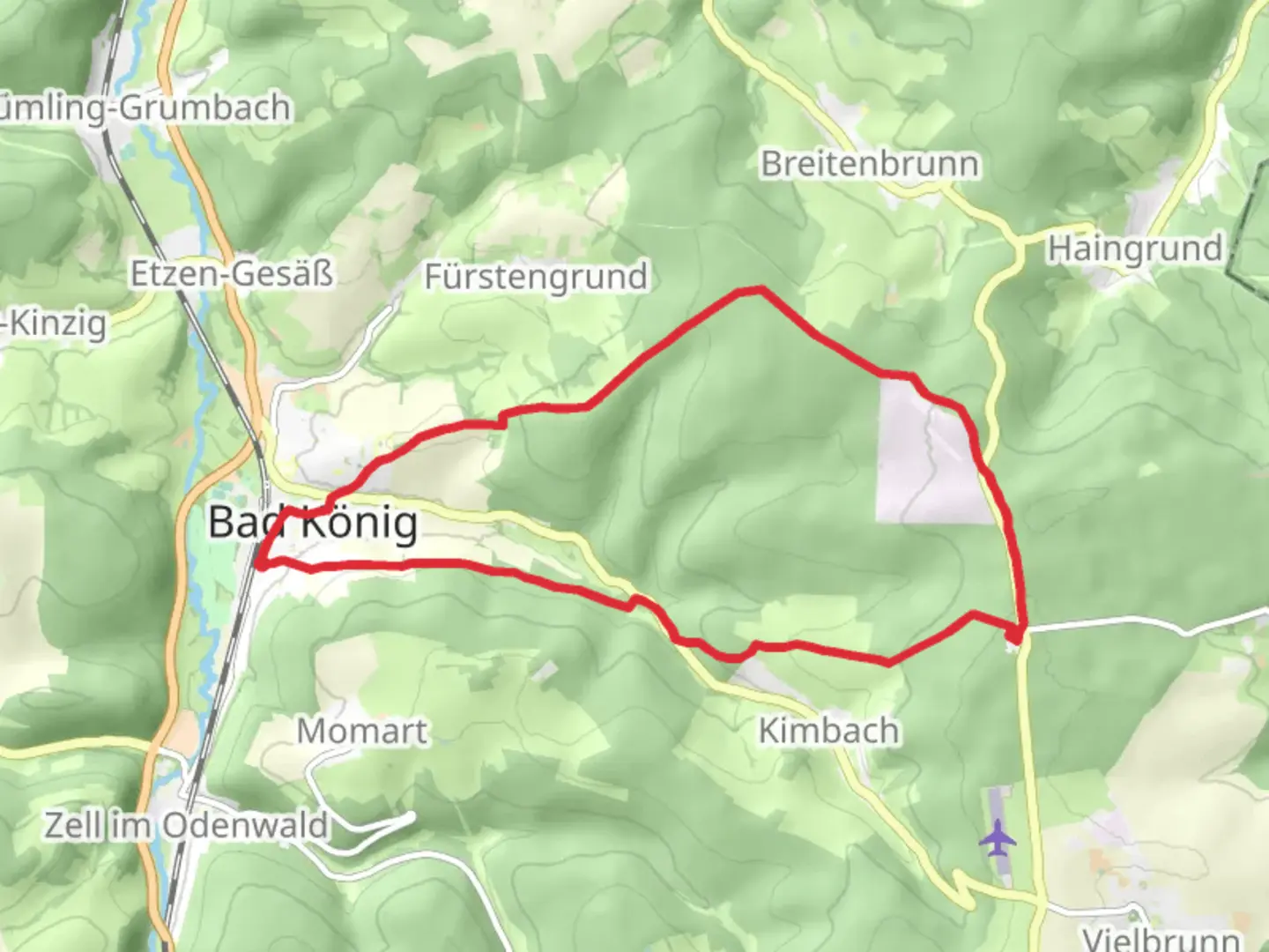 An image depicting the trail Bad Konig to Eckertsberg Loop and its surrounding area.