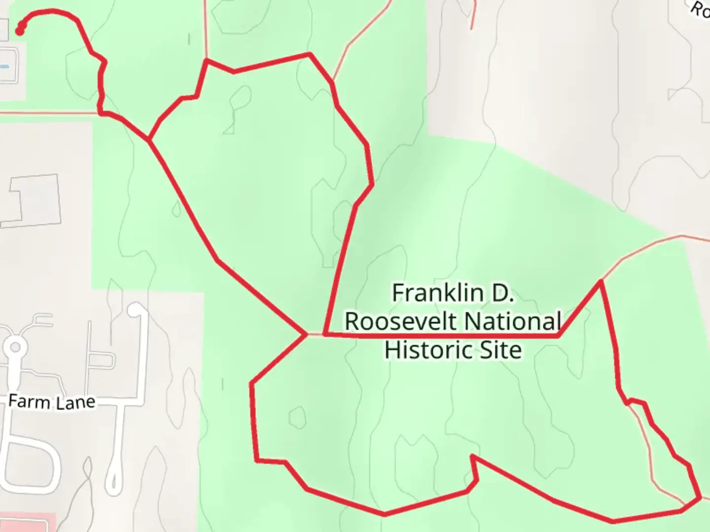 An image depicting the trail Roosevelt Farm Lane Loop Trail and its surrounding area.