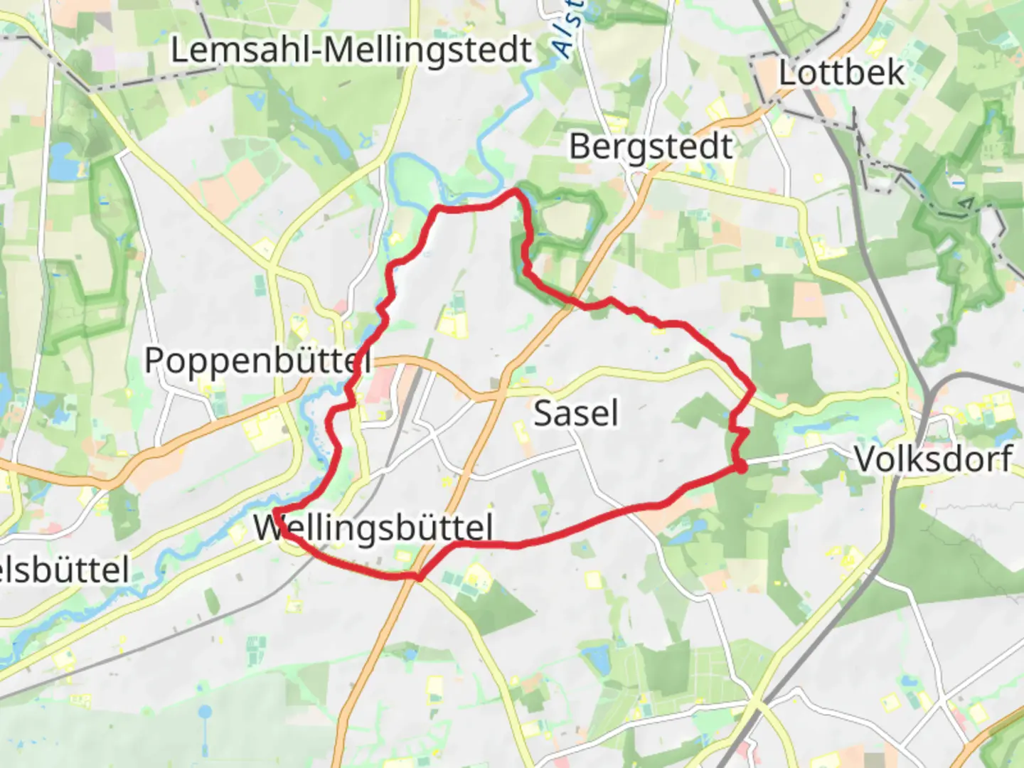 An image depicting the trail Schleusenteich via Alsterwanderweg and its surrounding area.