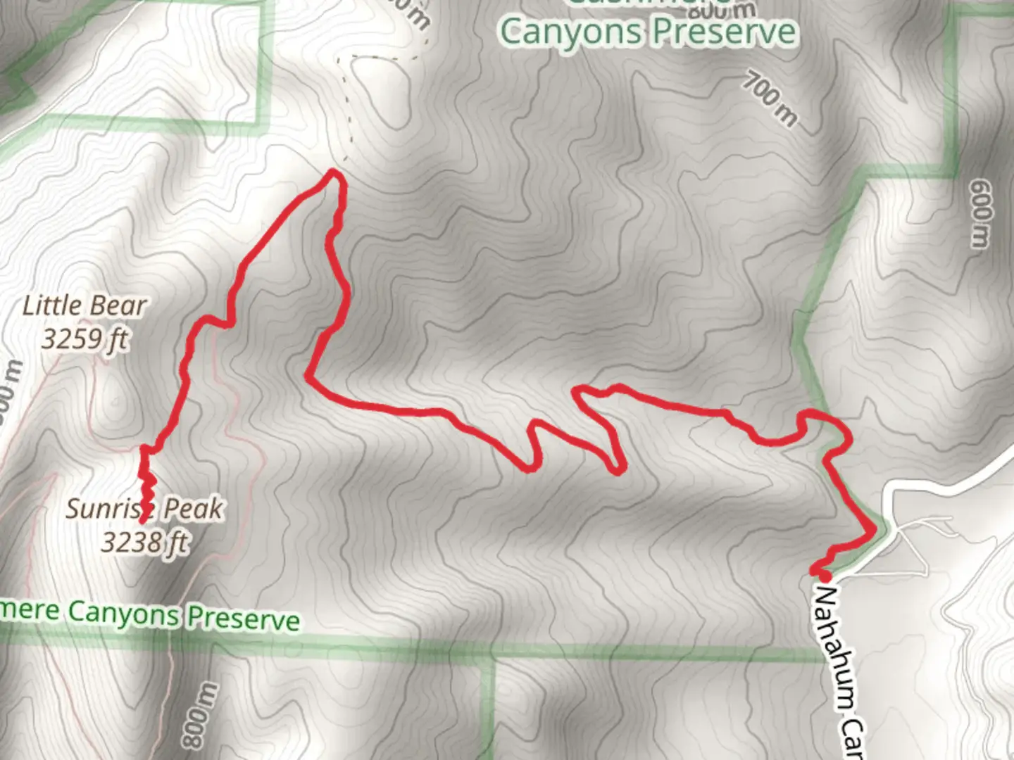 An image depicting the trail Sunrise Peak via Nahahum Trail and its surrounding area.