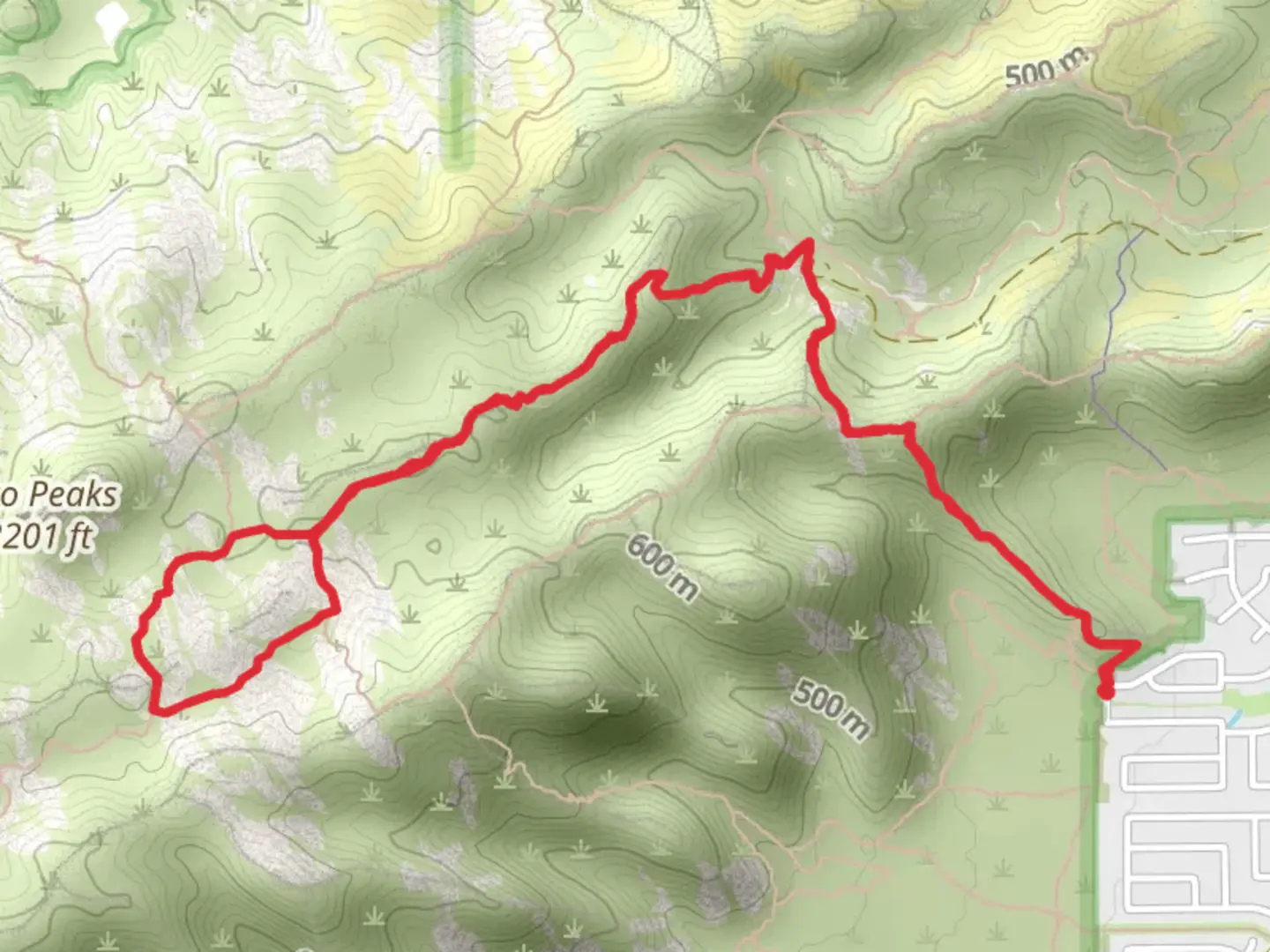 An image depicting the trail Fat Man's Pass via Chihuahua Ridge and Hidden Valley Trail and its surrounding area.