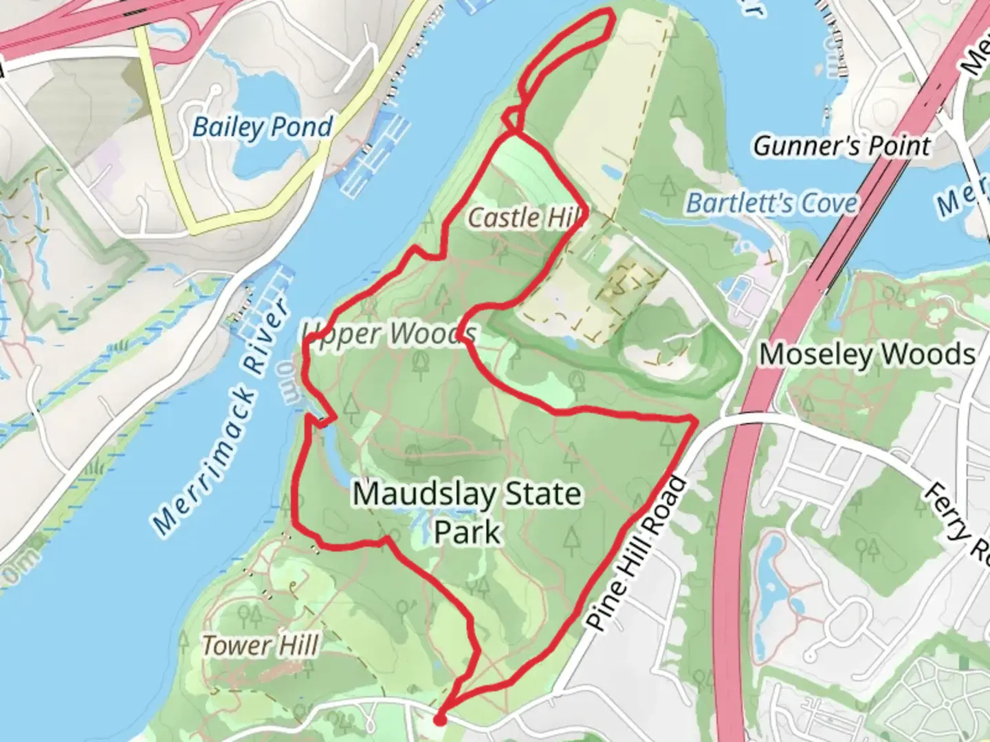 An image depicting the trail Maudslay State Park and Upper Woods Loop Trail and its surrounding area.