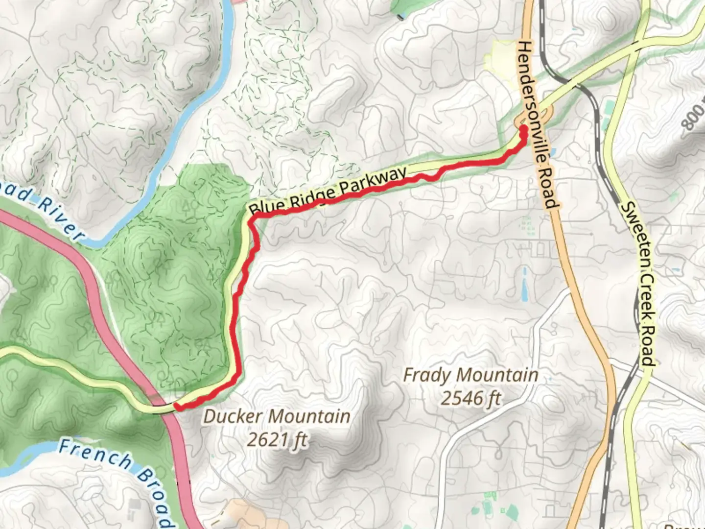 An image depicting the trail Mountains-to-Sea Trail from Fourmile Branch and its surrounding area.