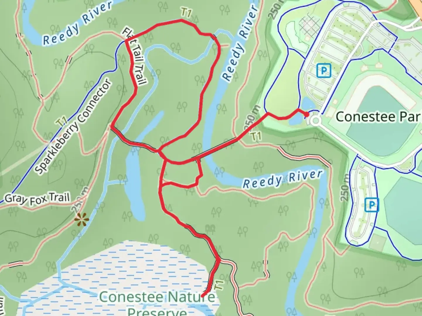 An image depicting the trail River Otter Way, Woodie Walk and Sparkleberry Connector Loop and its surrounding area.