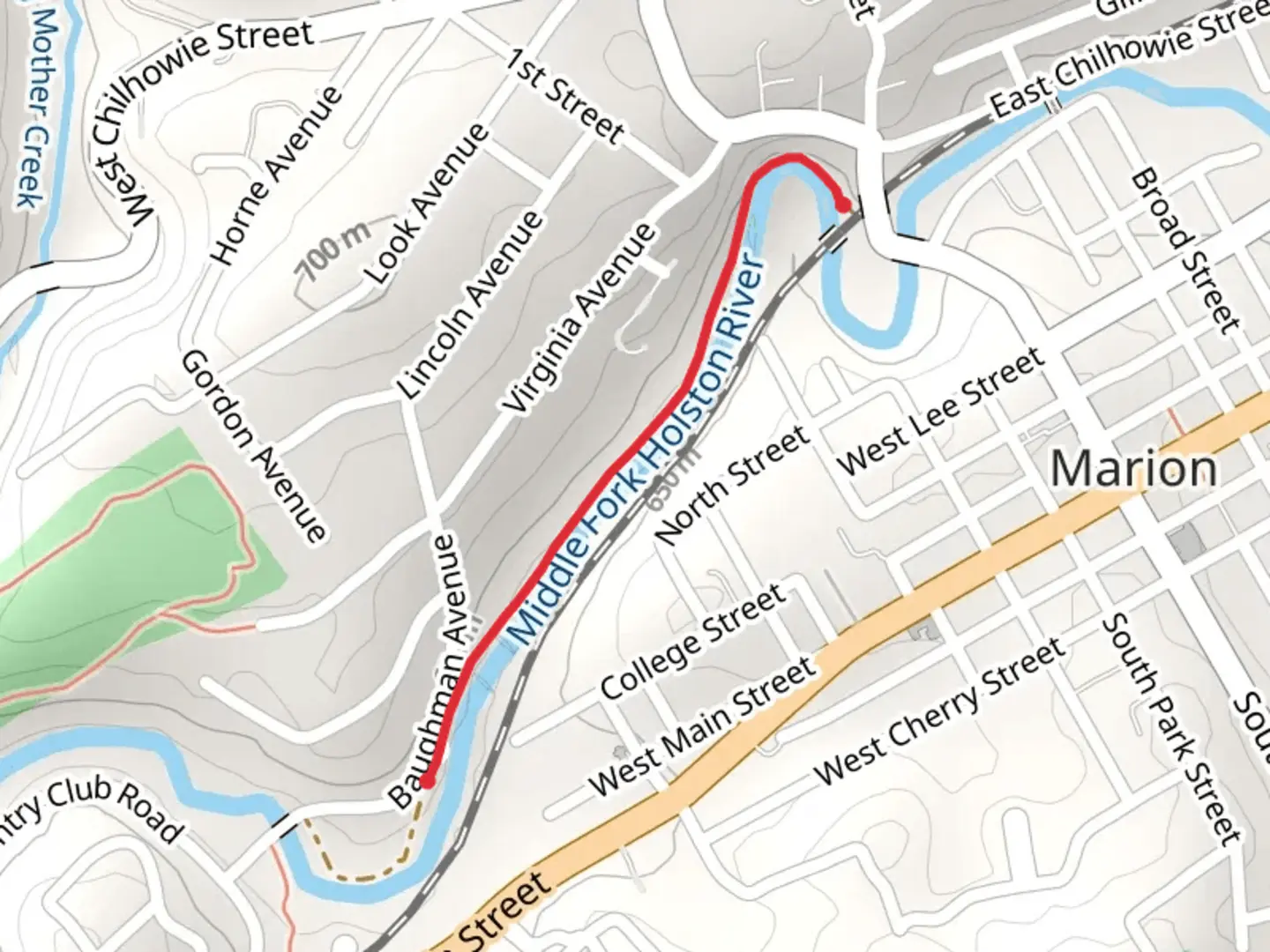 An image depicting the trail Walk beside Middle Fork Holston River and its surrounding area.