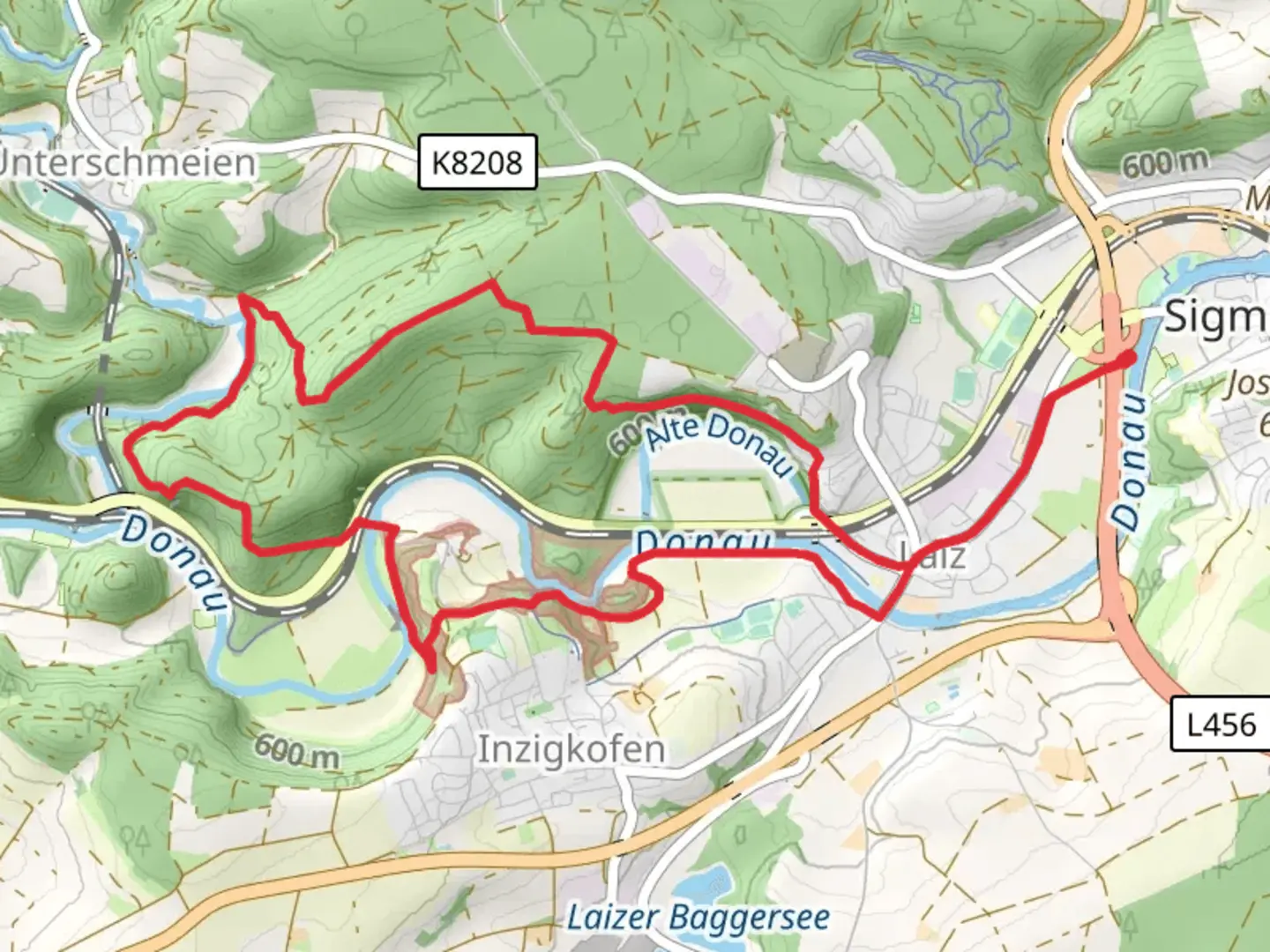 An image depicting the trail Donau Zollernalb Weg and Sigmaringen Scheuerlebuehl Loop and its surrounding area.