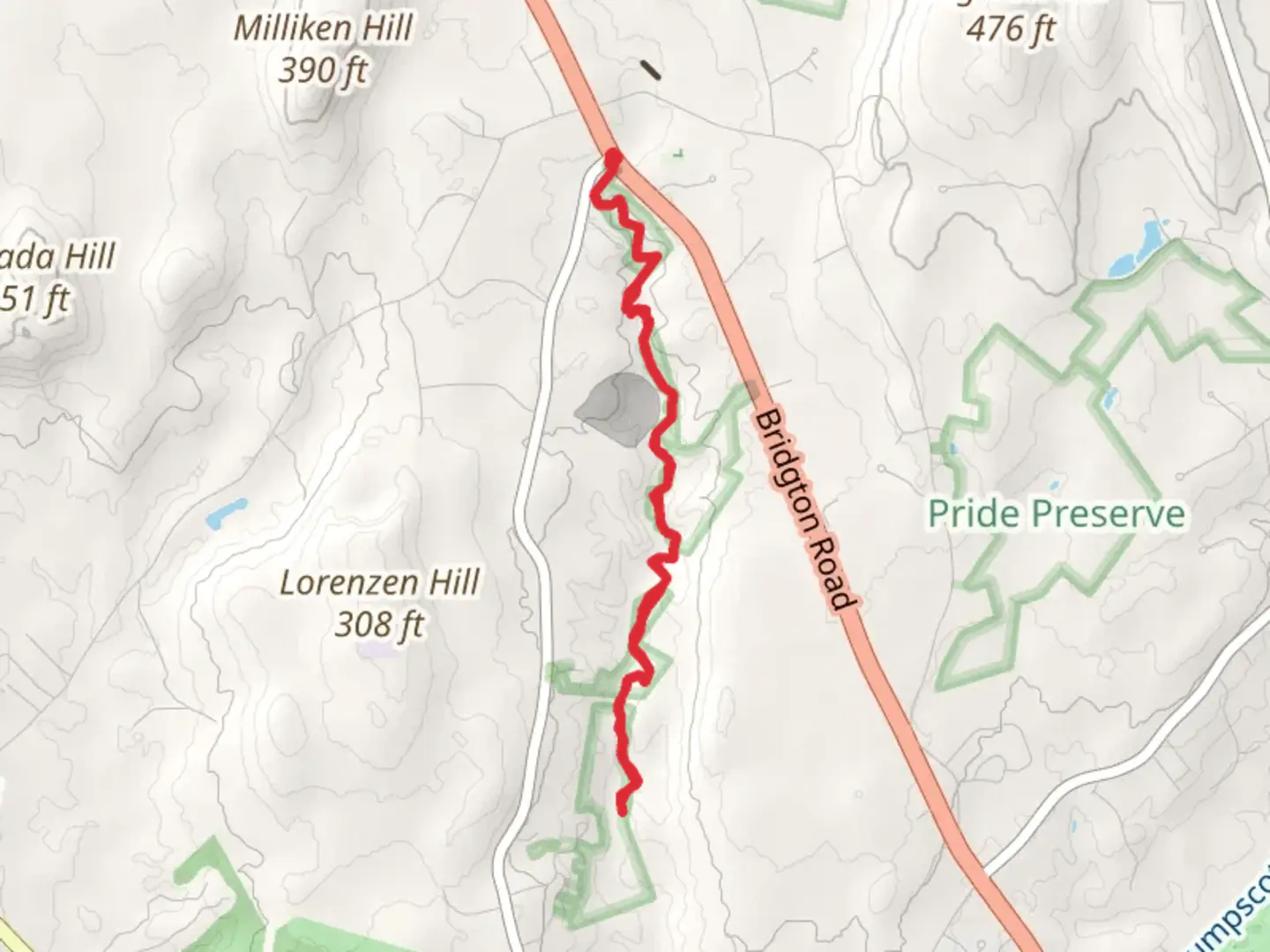 An image depicting the trail Mill Brook from Bridgton Road and its surrounding area.