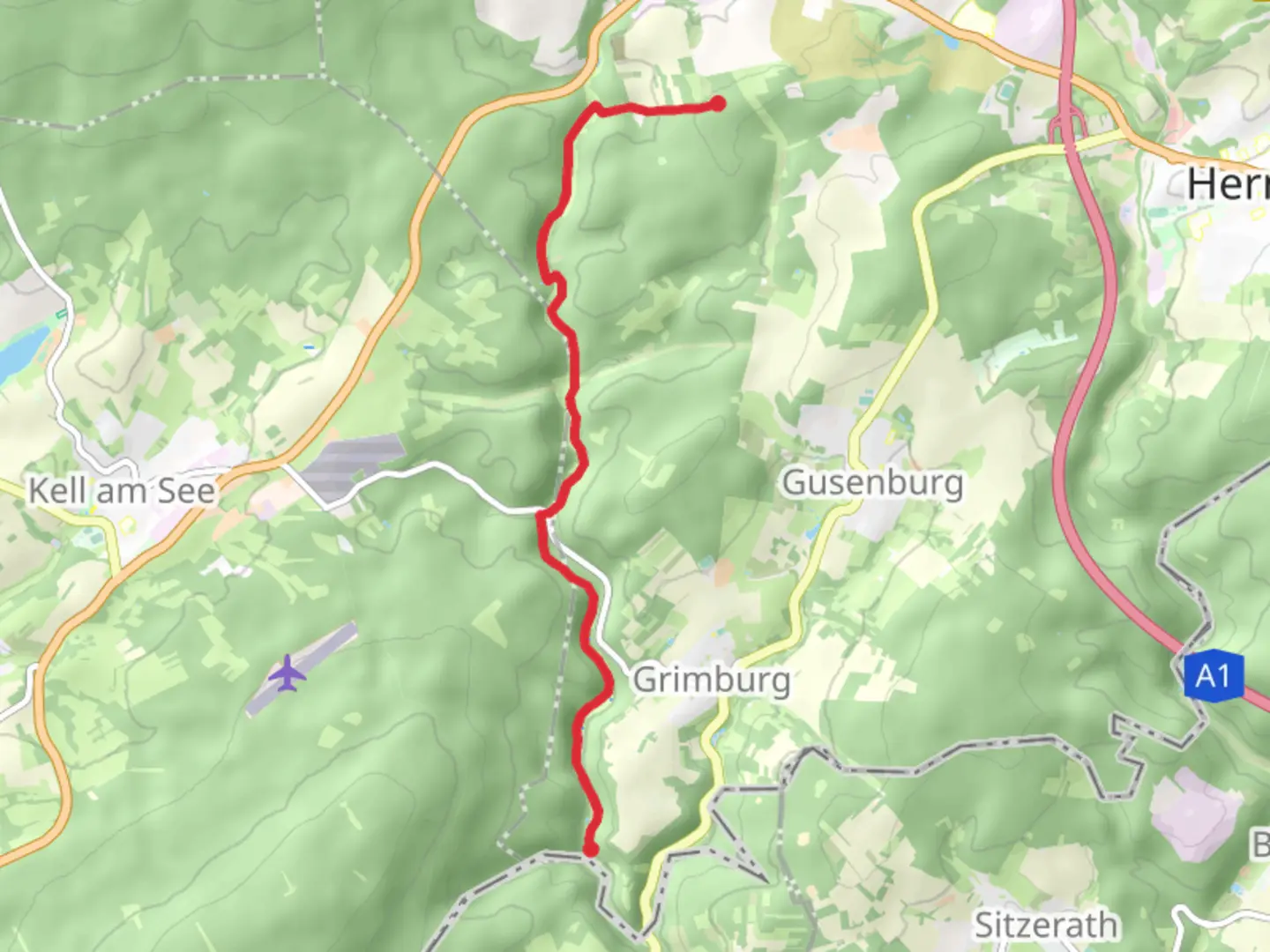 An image depicting the trail Grimburger Hof to Frau Holle via Wadrill and its surrounding area.