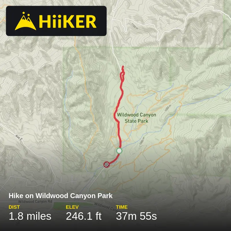 A map preview of the recording Hike on Wildwood Canyon Park.