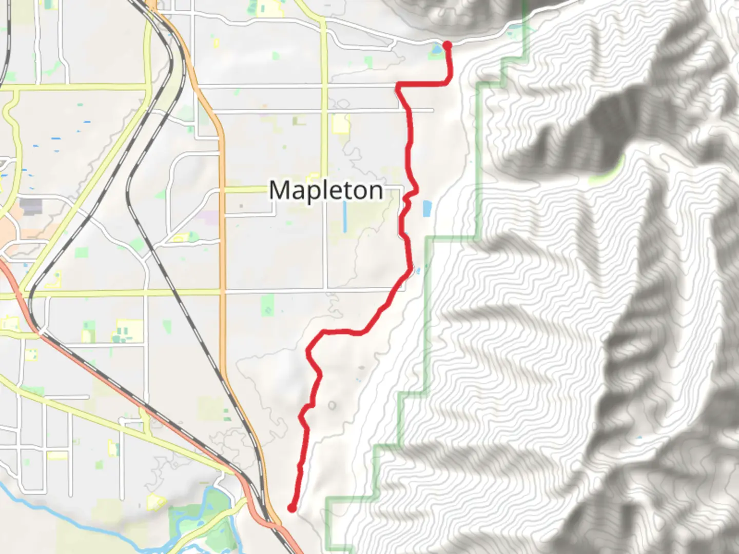 An image depicting the trail Mapleton Lateral Canal Trail and its surrounding area.