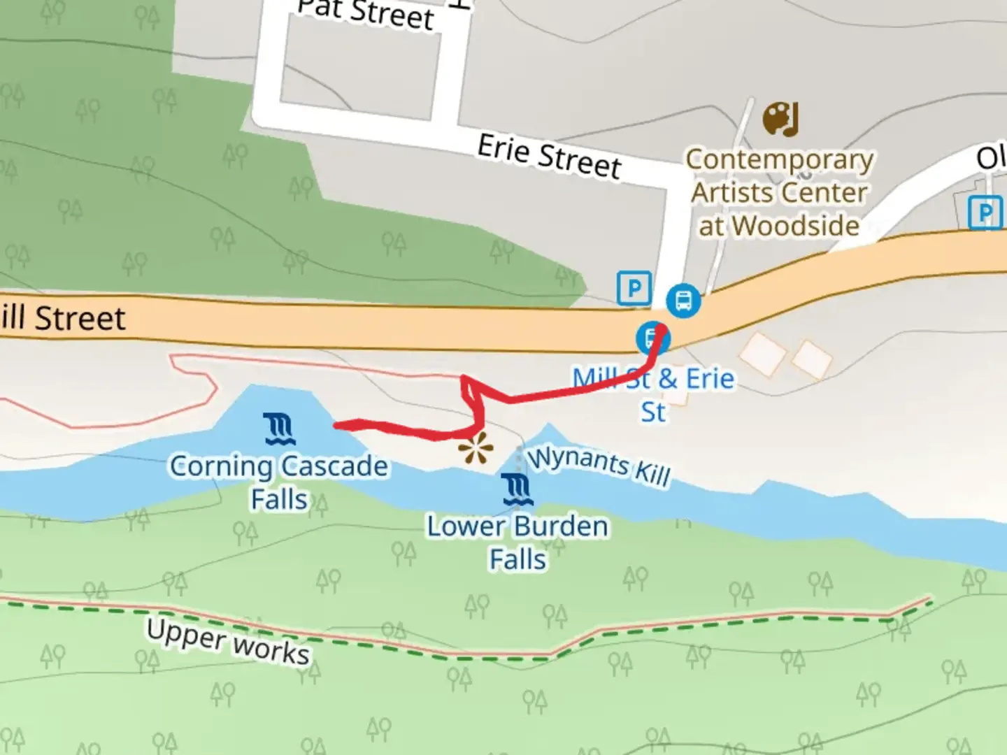 An image depicting the trail Corning Cascade Falls and its surrounding area.