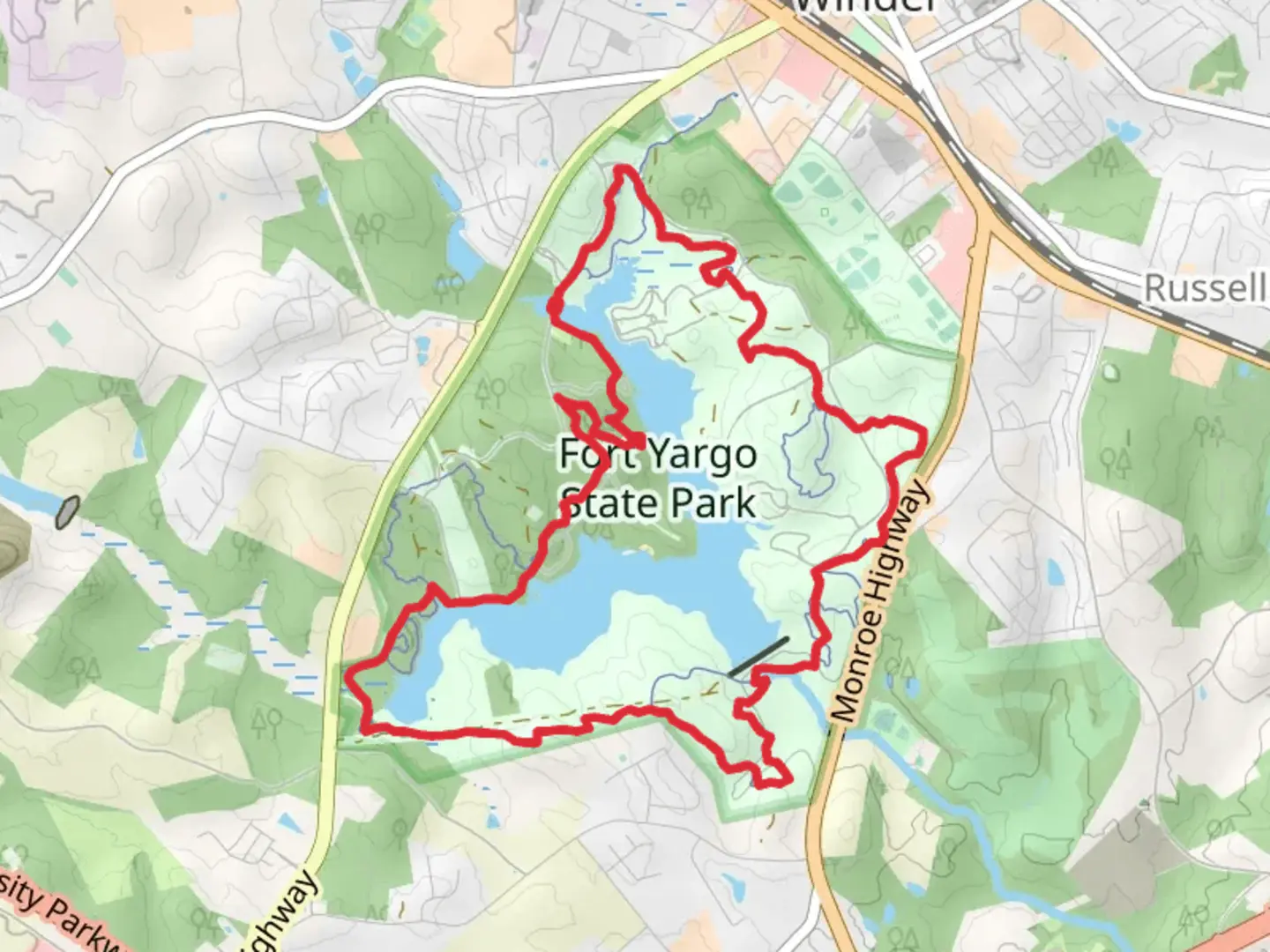 An image depicting the trail Fort Yargo Lake and Heart Attack Hill Loop and its surrounding area.