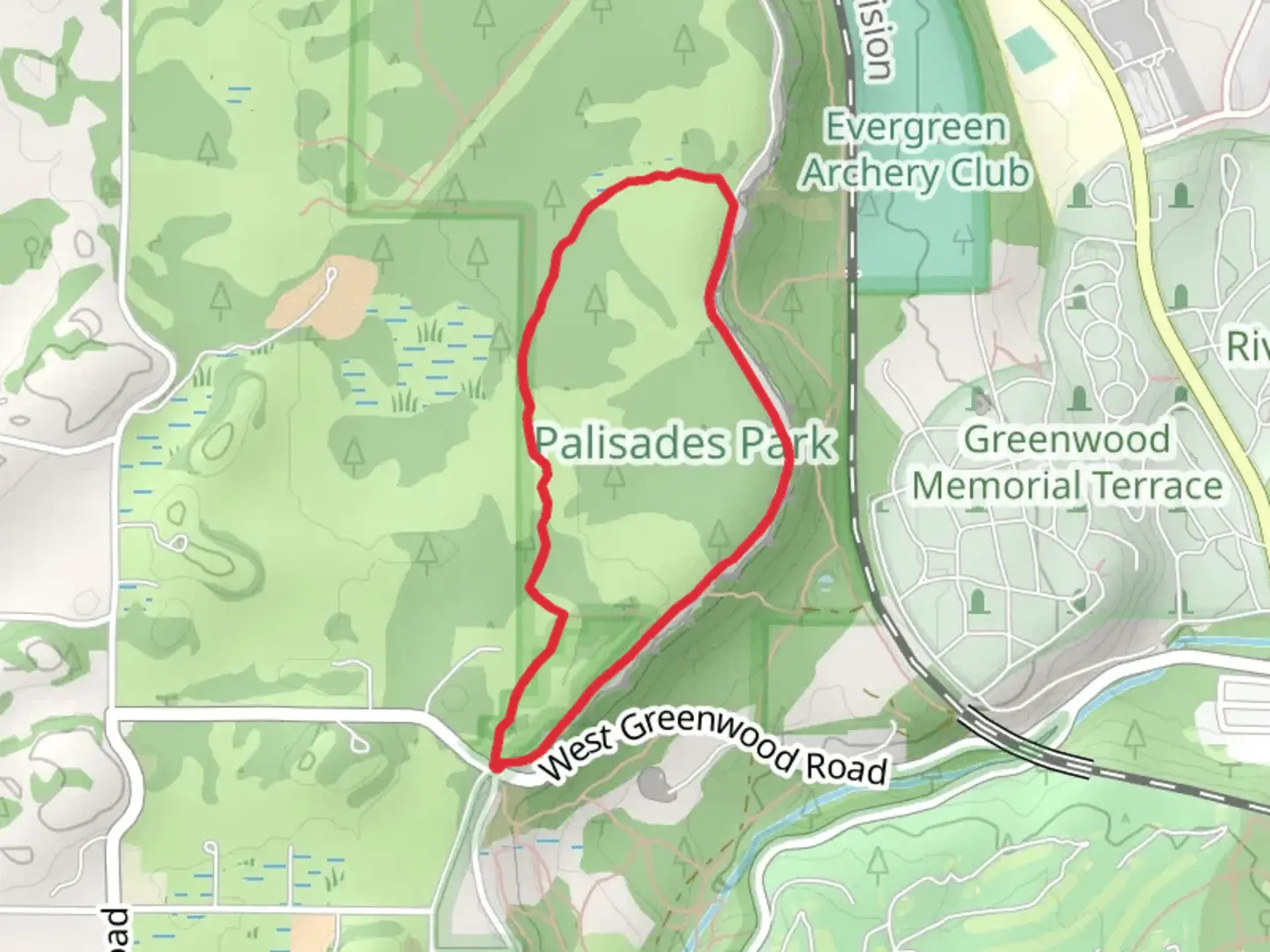 An image depicting the trail Palisades Park Loop - Trail 101 and Rimrock Drive and its surrounding area.