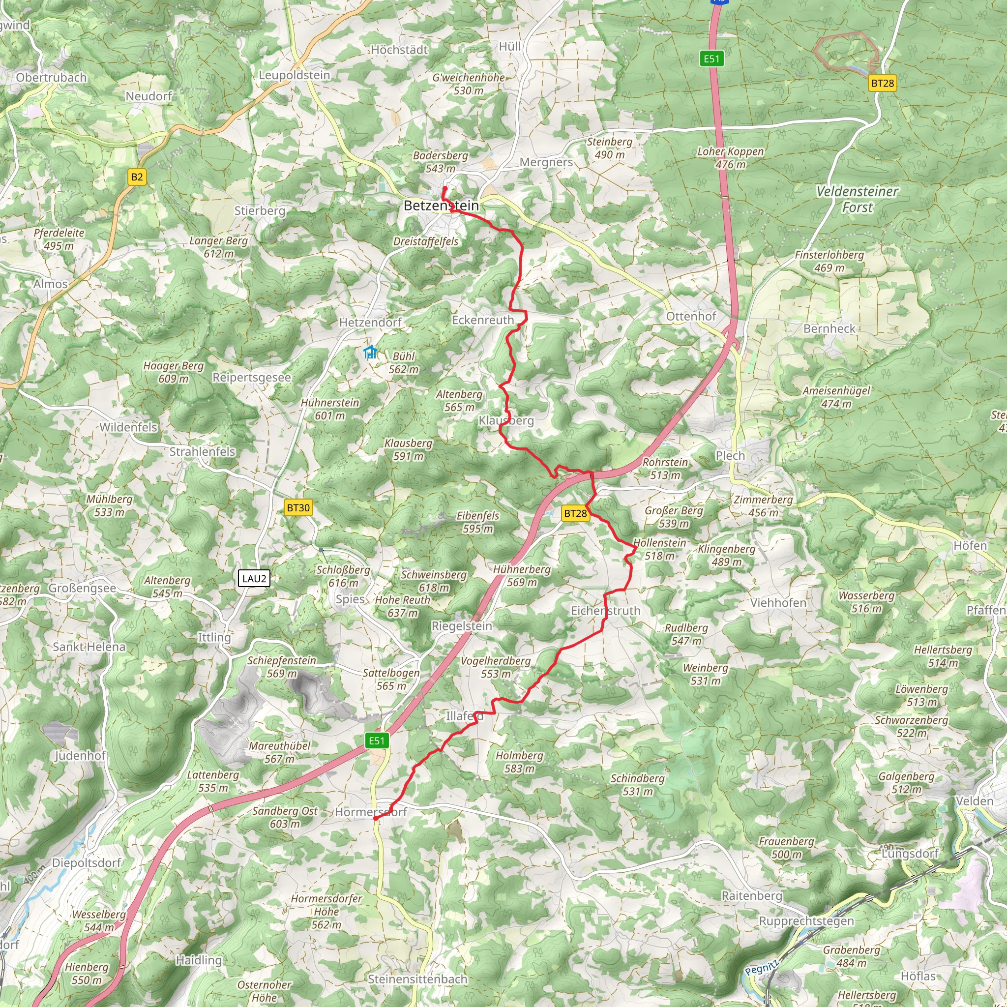 Hormersdorf to betzenstein via Reuthof-Plech mobile static map