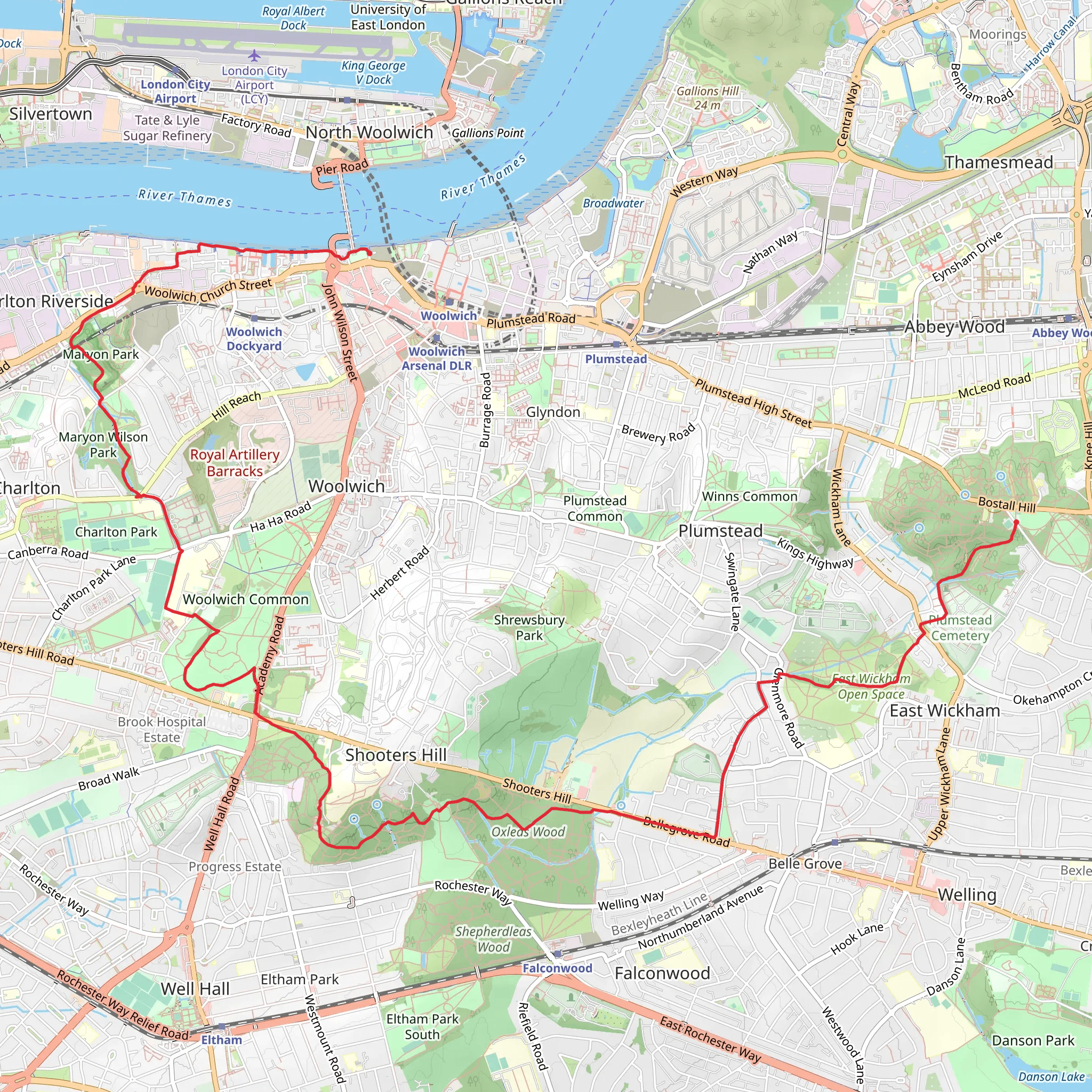 Woolwich to Bostall Woods Walk mobile static map