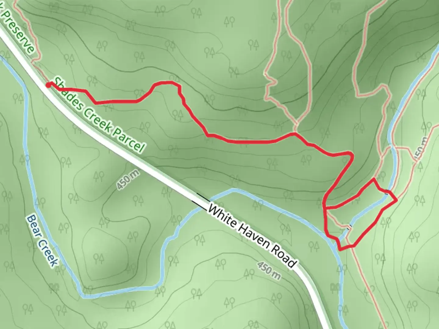 An image depicting the trail Bear and Shades Creek via Purple Trail and its surrounding area.