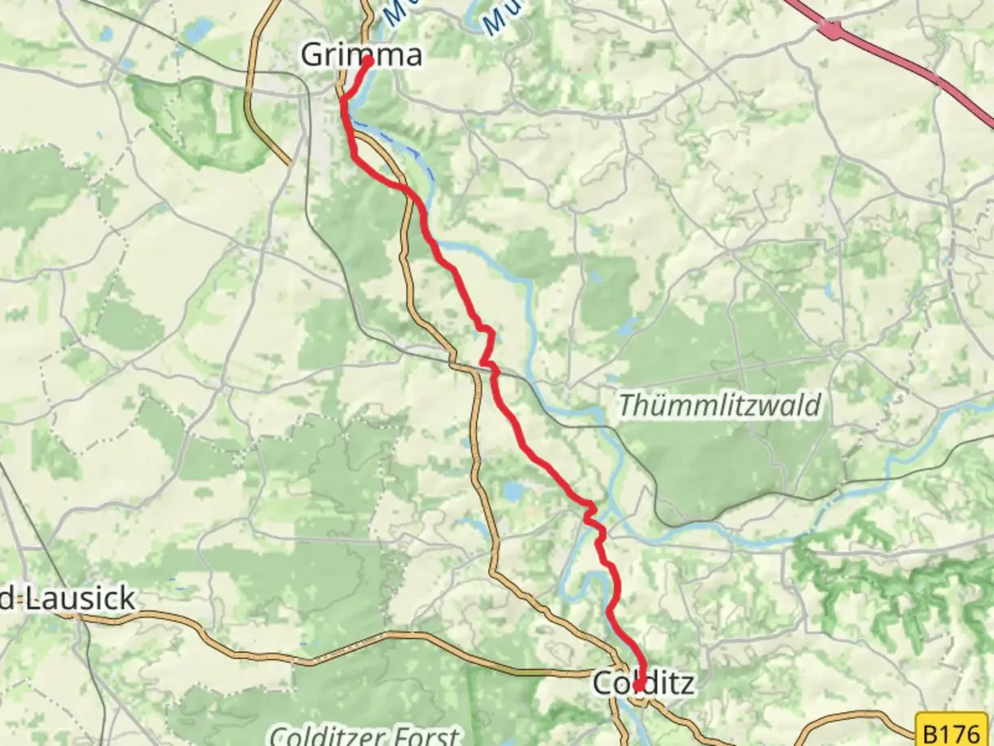 An image depicting the trail Coldtiz to Grimma Walk via Zwickauer Mulde and its surrounding area.