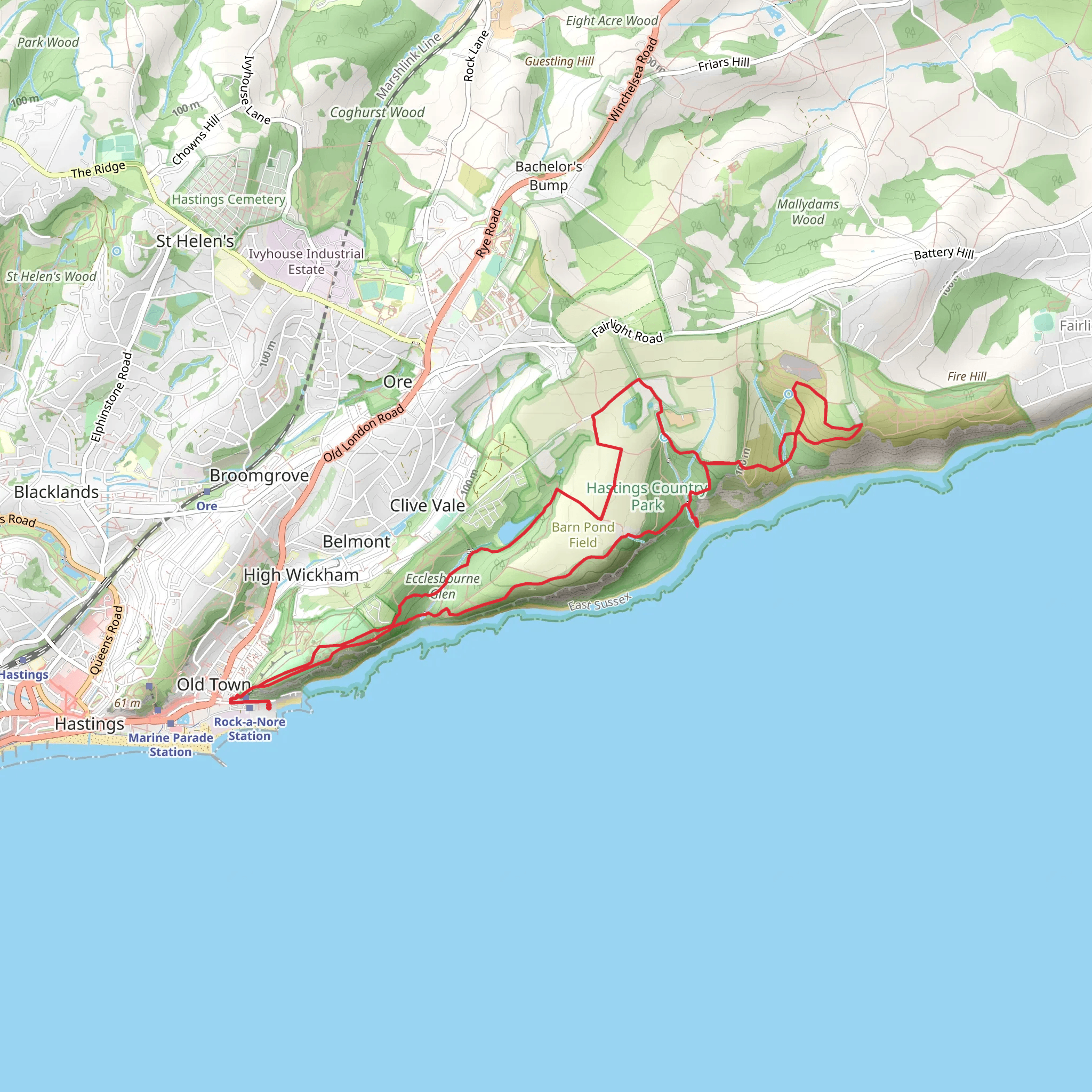 Fairlight Glen Naturist Beach, Warren Wood, Glen Wood, Wet Wood Ecclesbourne Glen and East Hill Loop mobile static map
