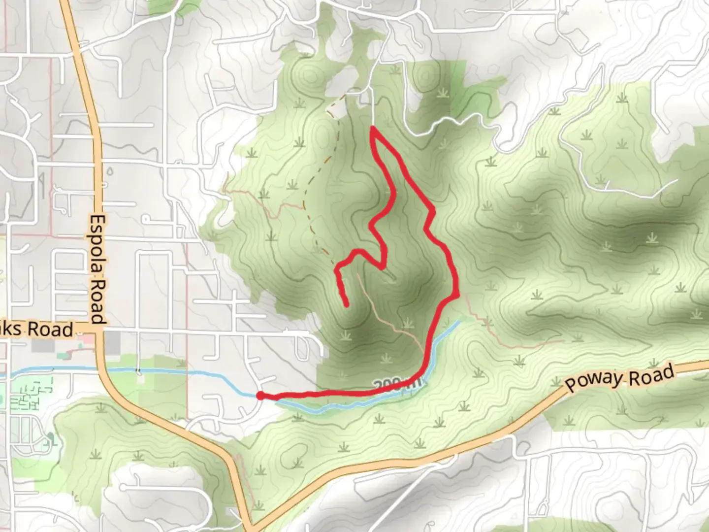 An image depicting the trail Rattlesnake Creek from Range Park Road and its surrounding area.