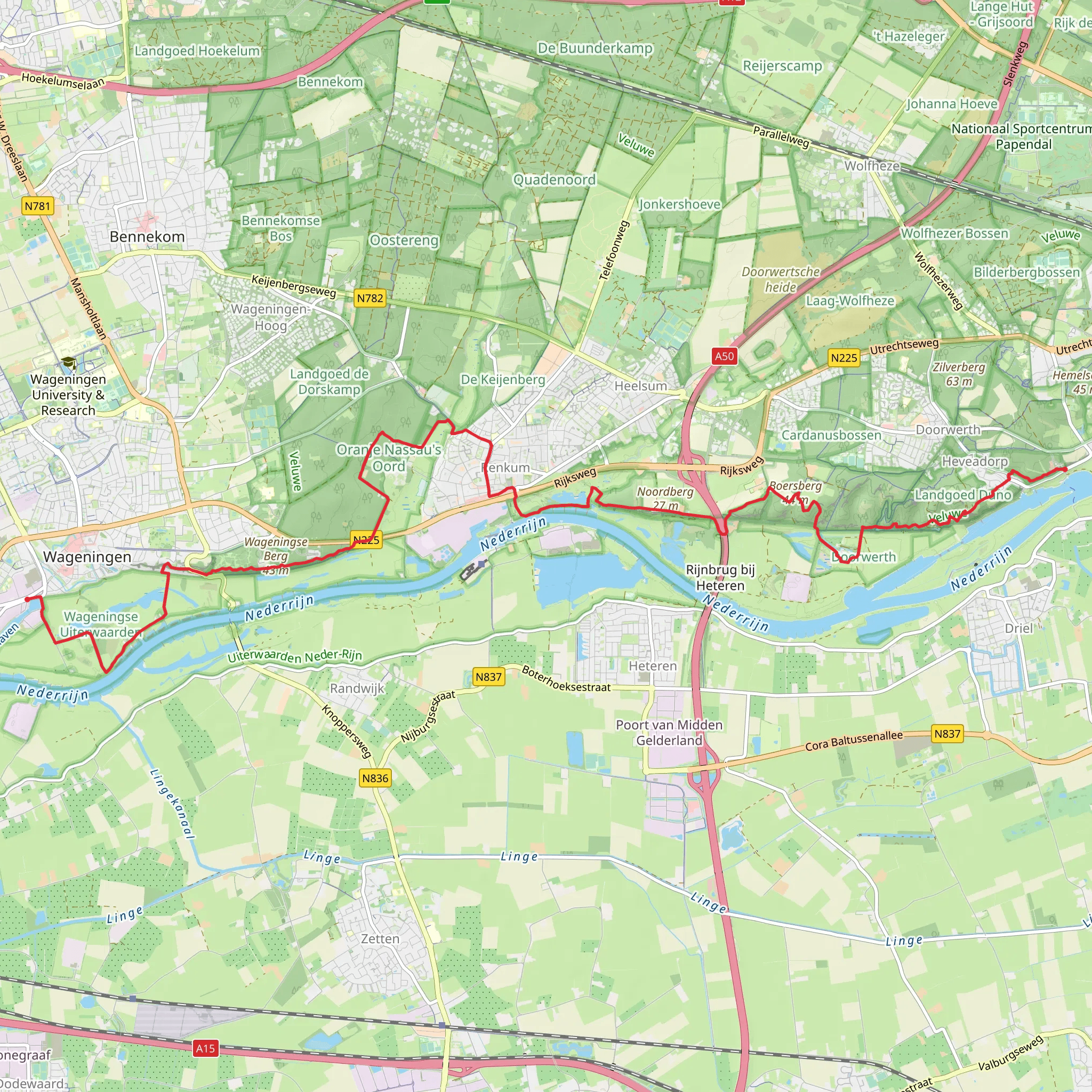 Westerbouwing to Wageningen via Fonteinatlee and Bergpad mobile static map