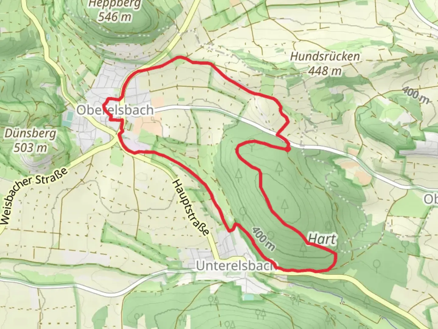 An image depicting the trail Heidelsteinweg, Schweinfurter Haus Weg and Rhoen Rundweg Oberelsbach Loop and its surrounding area.