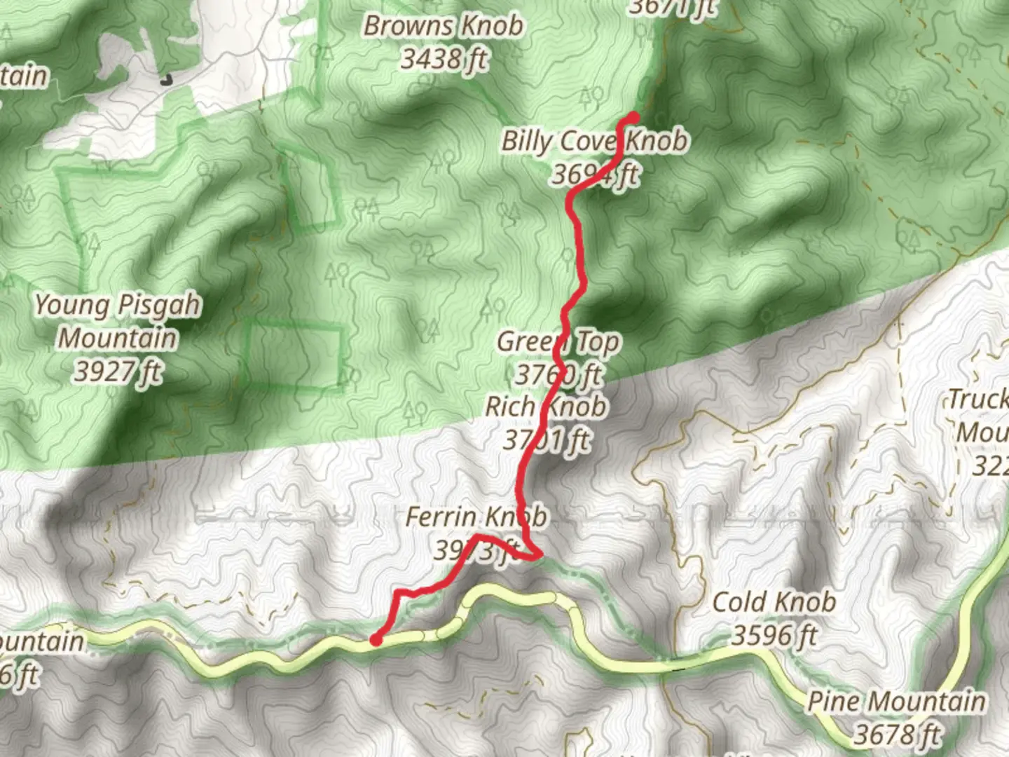 An image depicting the trail Ferrin Knob, Green Top and Billy Cove Gap via Shut-In Trail and its surrounding area.