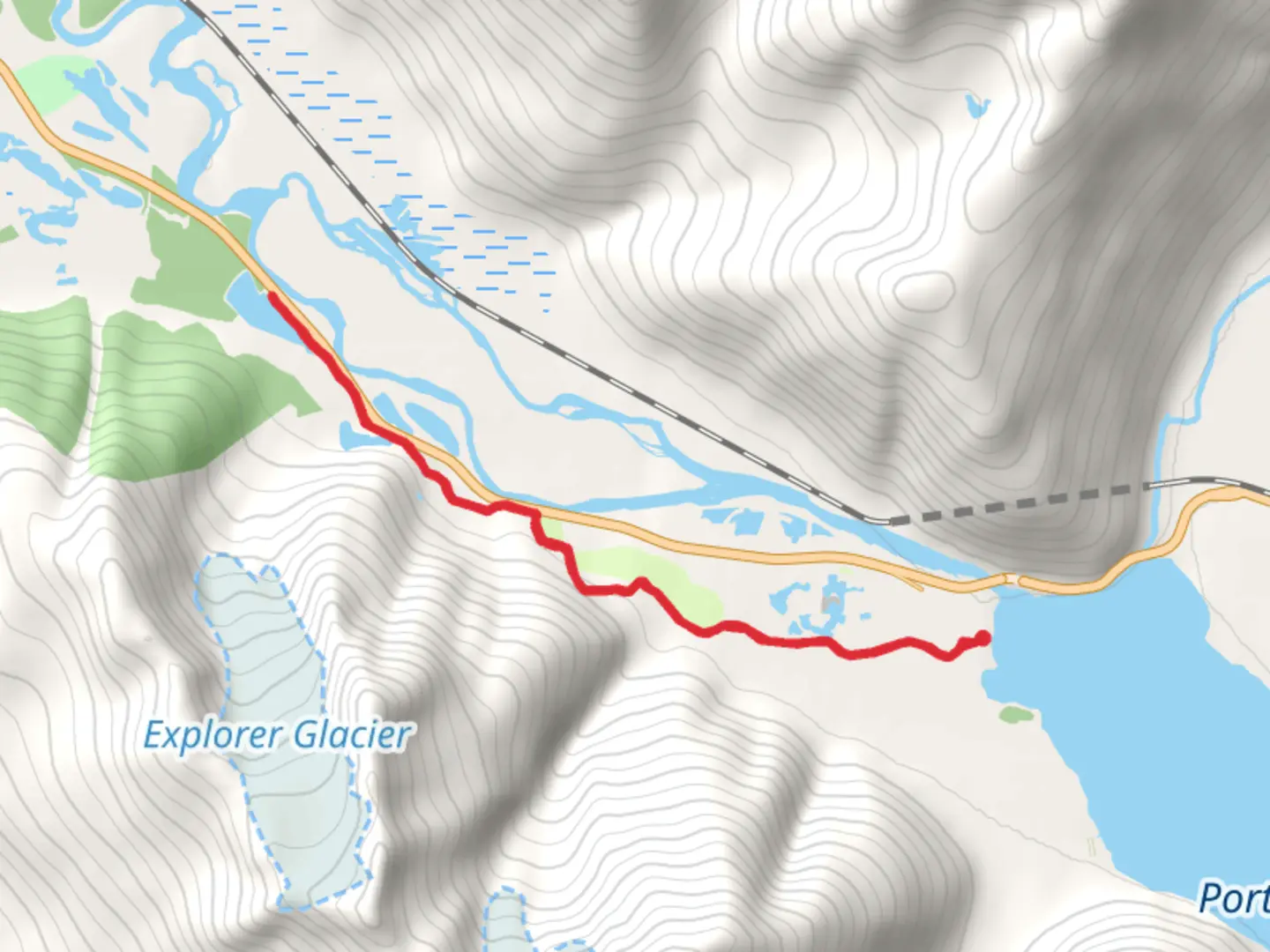 An image depicting the trail Trail of Blue Ice and its surrounding area.