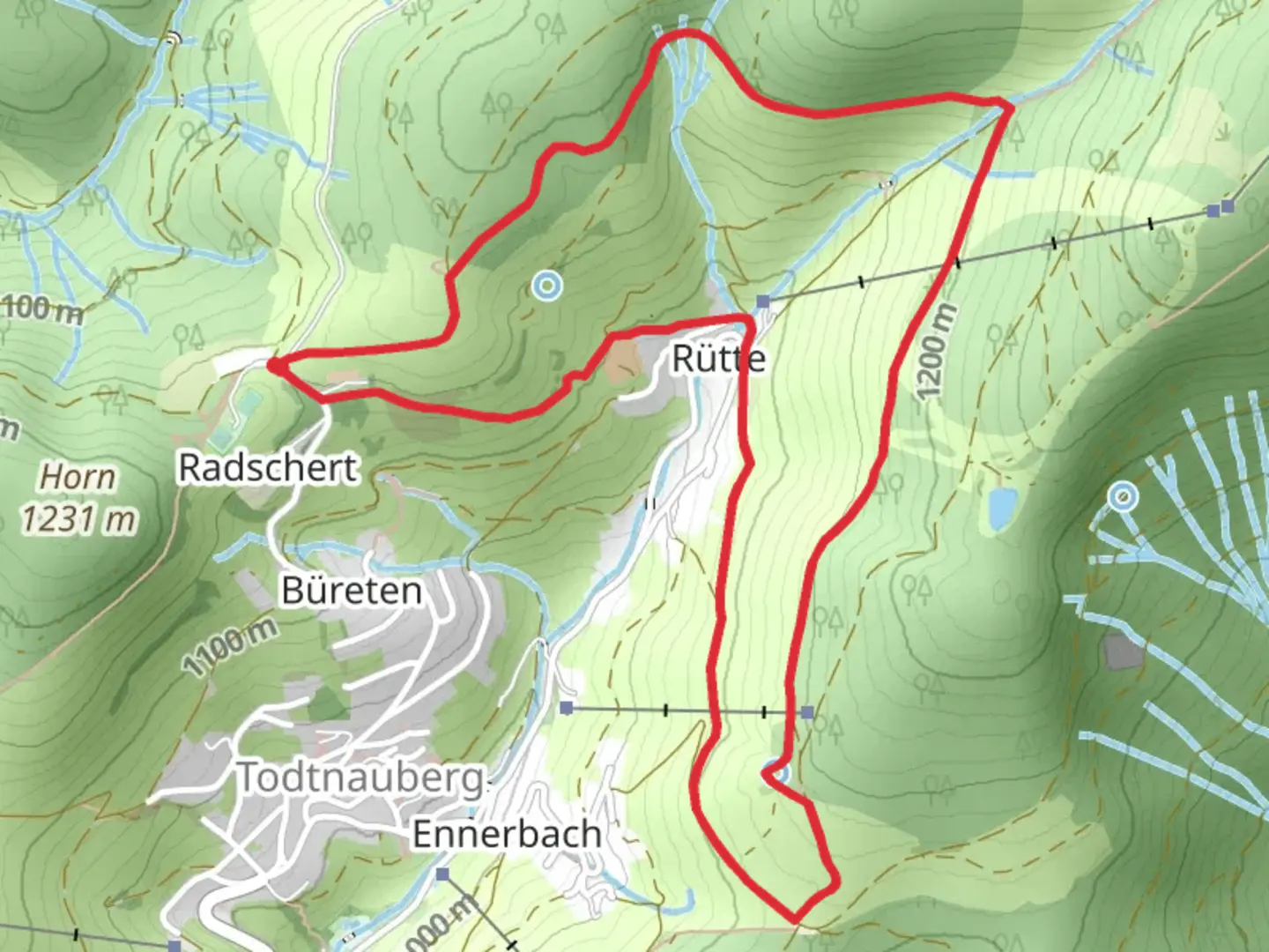An image depicting the trail Vogelhaeuschen via Martin Heidegger Rungweg and its surrounding area.