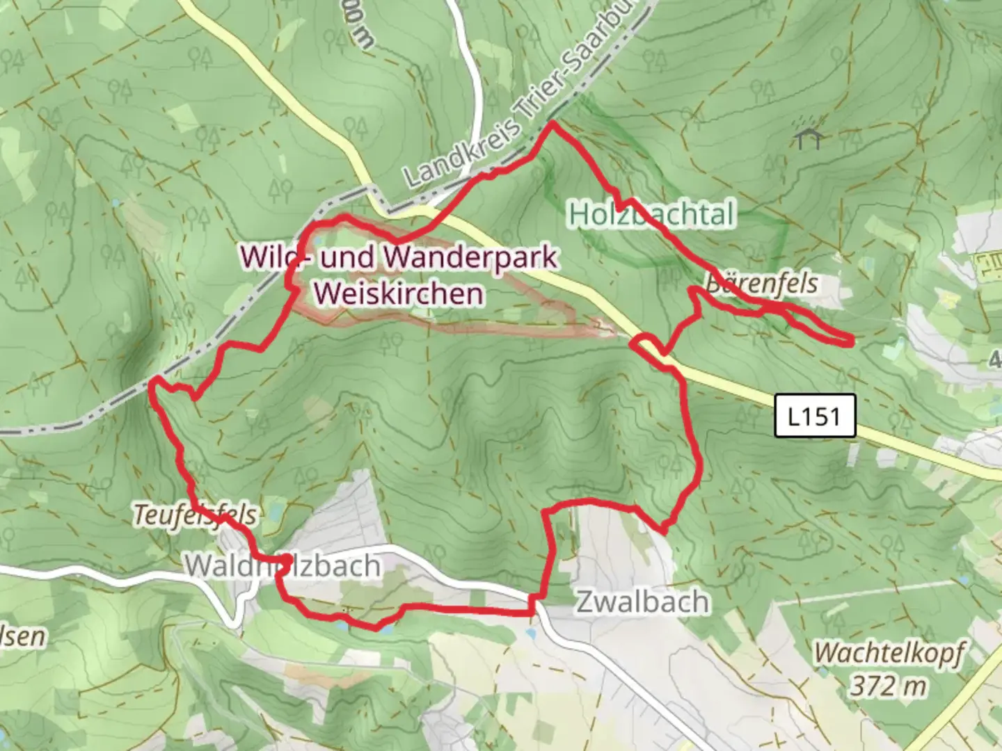 An image depicting the trail Teufelsfels, Hoher Fels and Eulenfels via 2 Taeler Weg and its surrounding area.