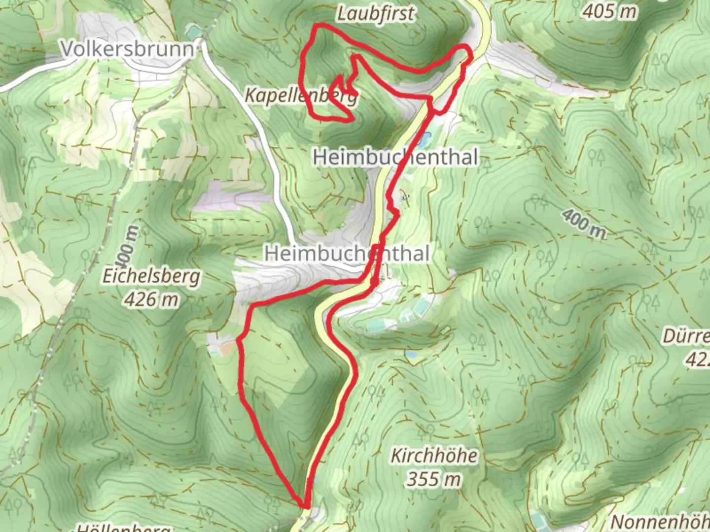 An image depicting the trail Kulturweg Heimbuchenthal and Gelb Heimbuchenthal and its surrounding area.