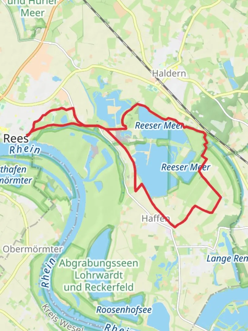 An image depicting the trail Haffensche Landwehrsonsfeldsche Weiden and Reeser Meer Loop and its surrounding area.