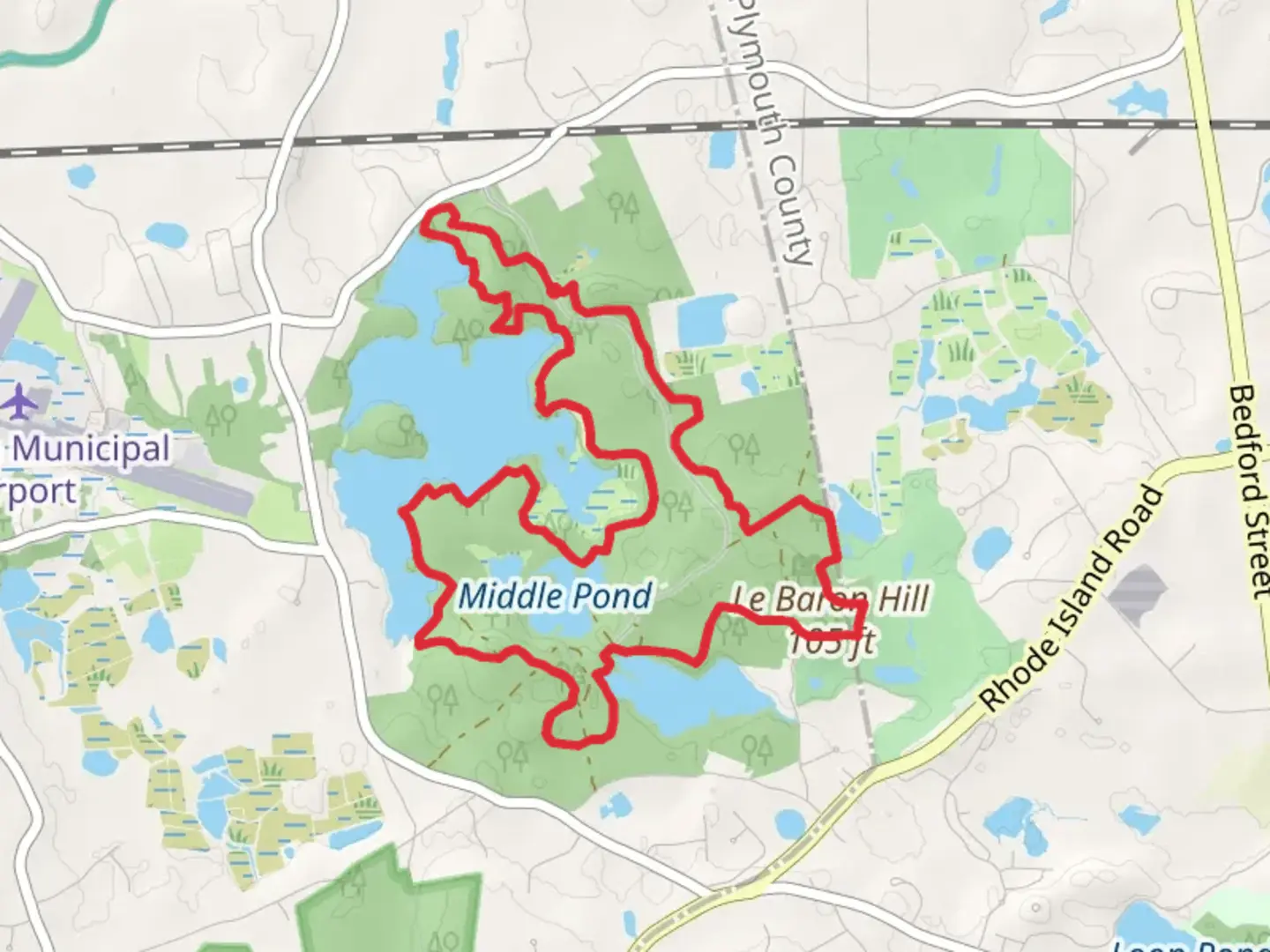 An image depicting the trail Big Bearhole Pond and Le Baron Loop and its surrounding area.