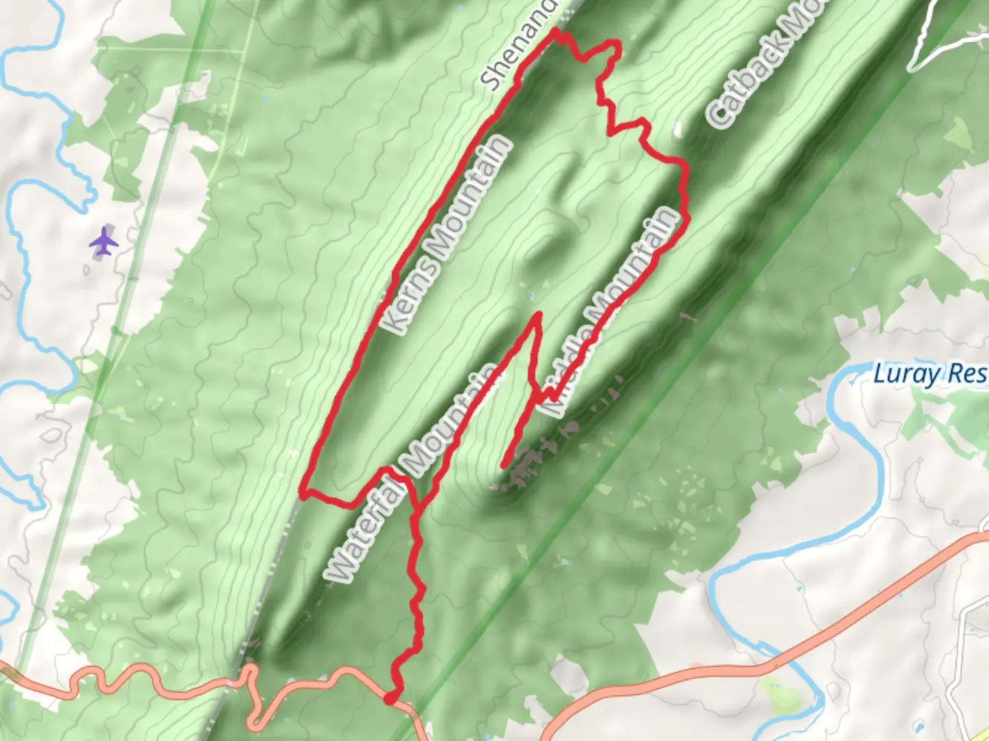 An image depicting the trail Massanutten, Kerns Mountain, Gap Creek and Strickler Knob Loop Trail and its surrounding area.