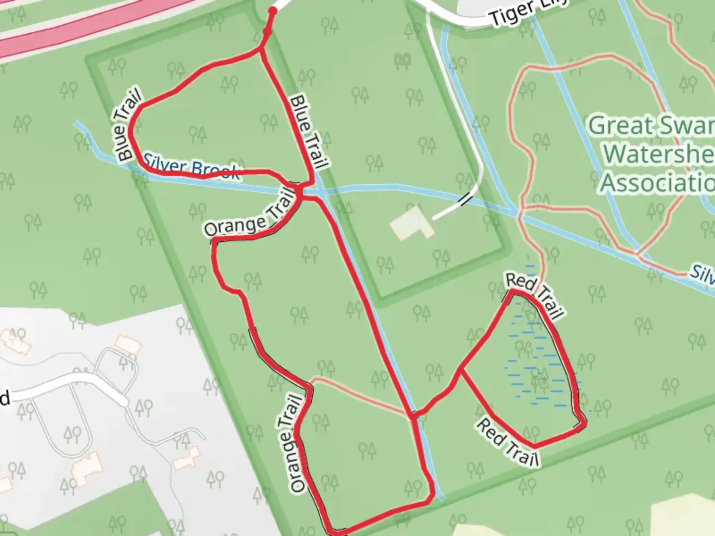 An image depicting the trail Blue Trail, Orange Trail and Red Trail Loop and its surrounding area.