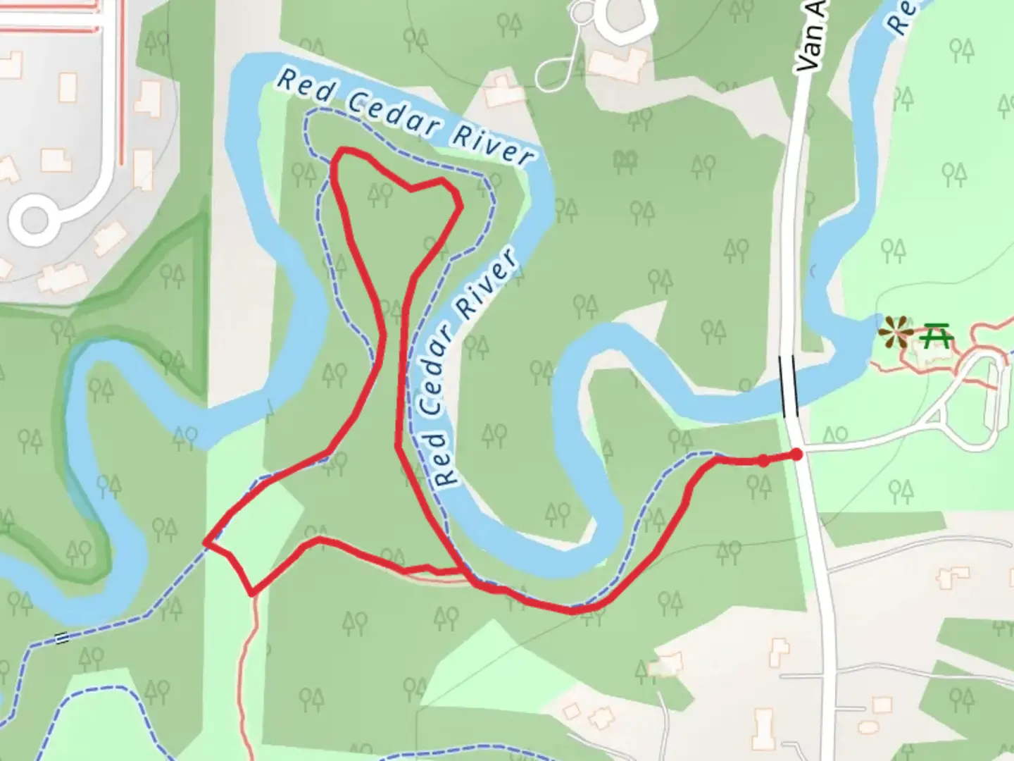 An image depicting the trail Red Cedar River from Van Atta Road and its surrounding area.