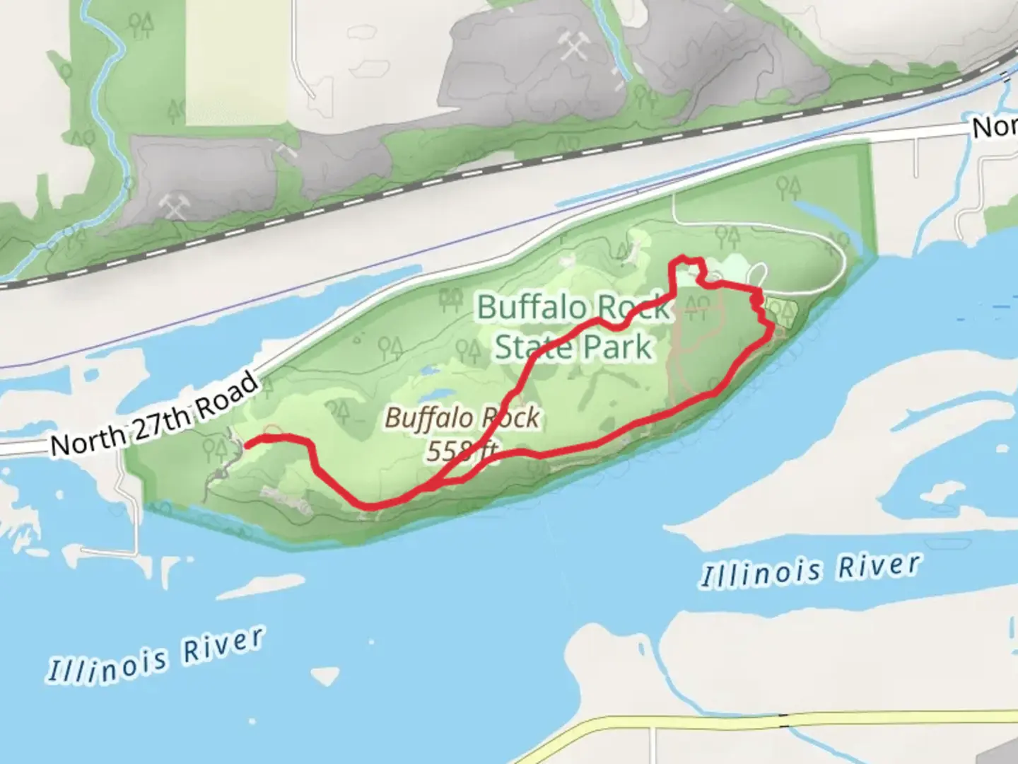 An image depicting the trail Buffalo Rock - Water Strider Effigy - Frog Effigy Loop and its surrounding area.