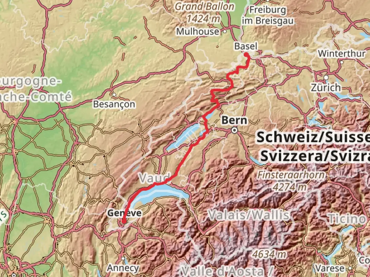 An image depicting the trail Camino Basel-Geneva via Biel and its surrounding area.