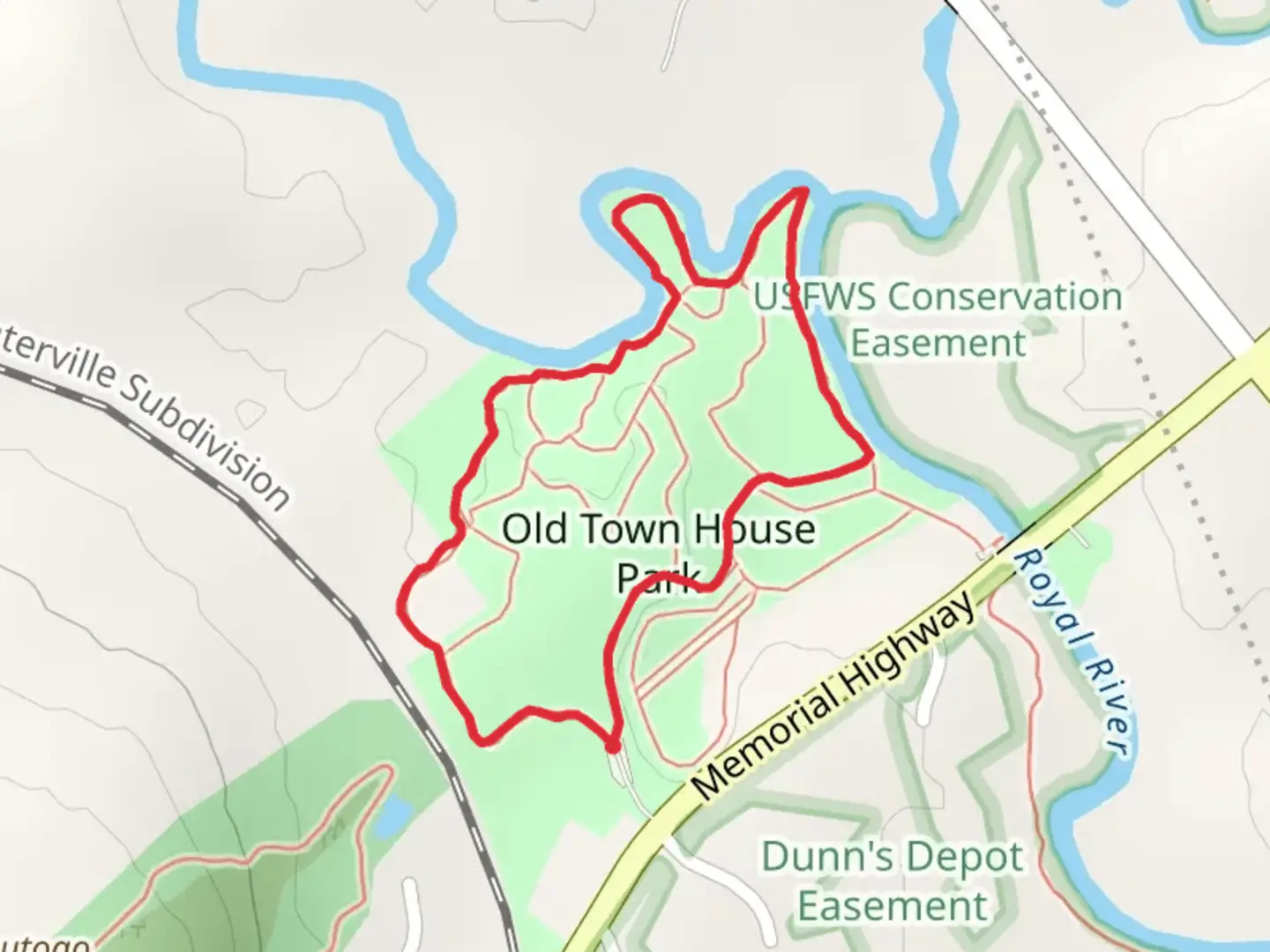 An image depicting the trail Royal River Loop and its surrounding area.