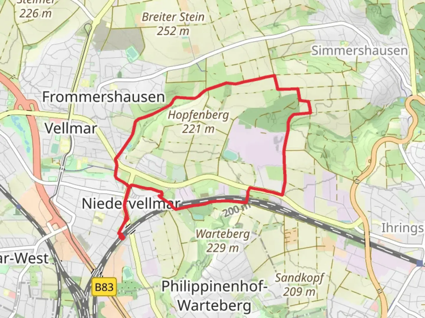 An image depicting the trail Vellmar Loop and its surrounding area.